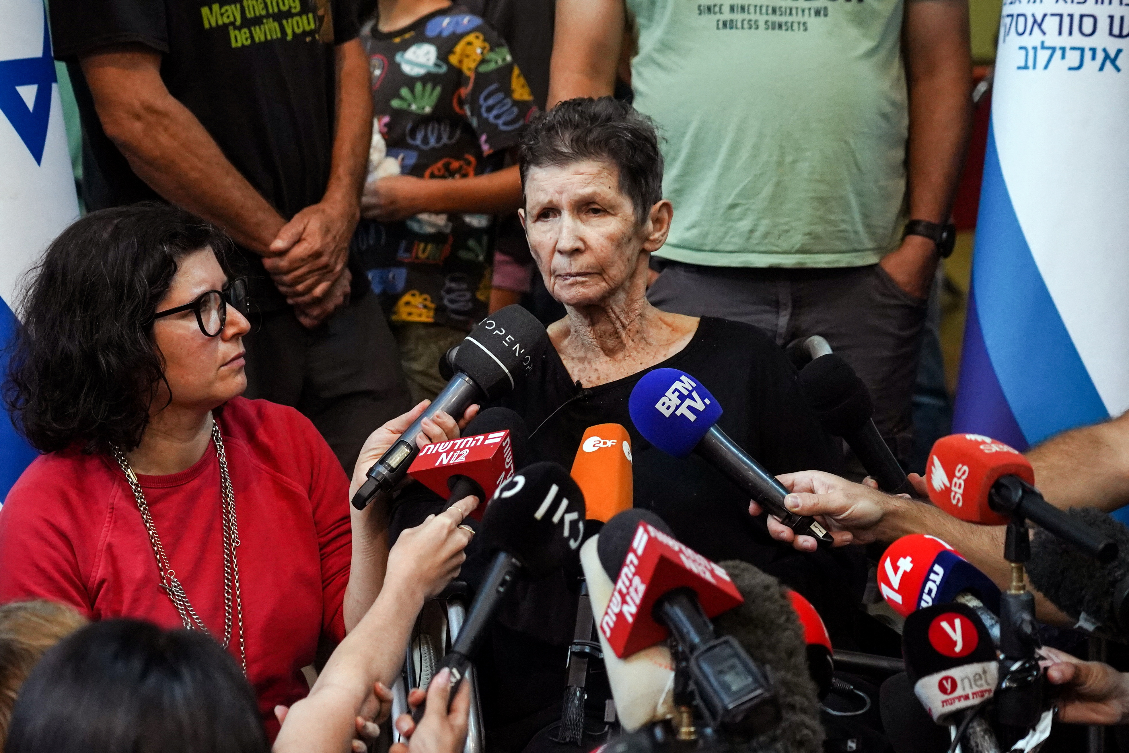 Lifshitz, an Israeli grandmother who was held hostage in Gaza, speaks to members of the press after being released by Hamas militants, at Ichilov Hospital in Tel Aviv, Israel