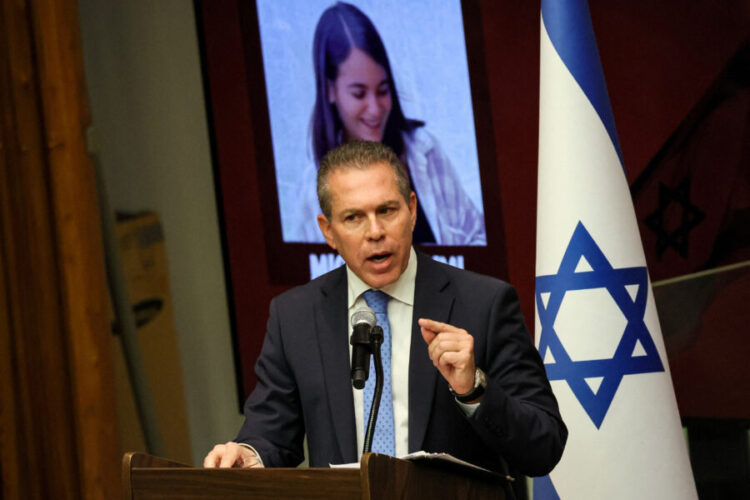 Israel’s Ambassador to the United Nations Gilad Erdan speaks during an event featuring families of Israelis kidnapped by Hamas at the United Nations Headquarters in New York