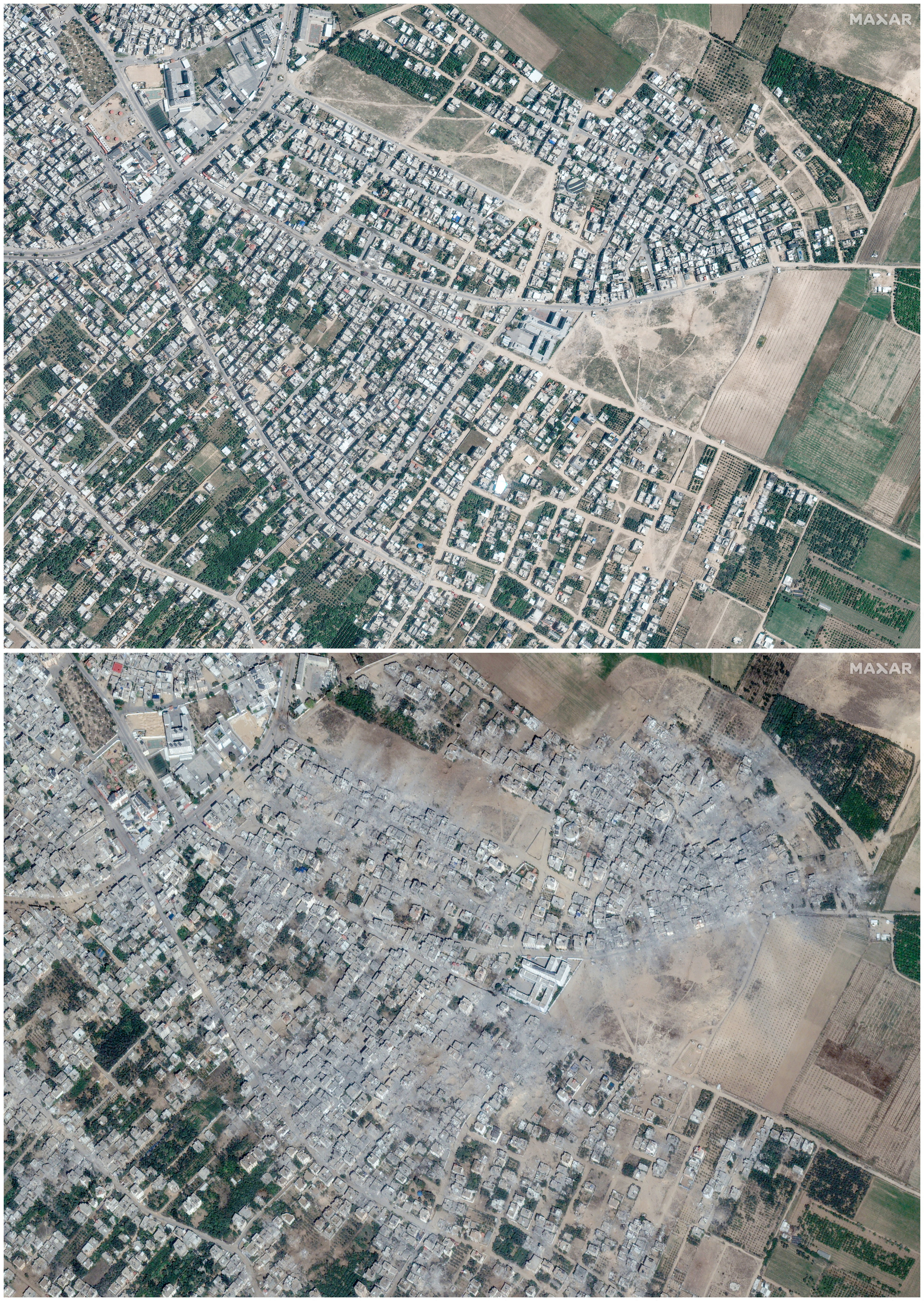 A combination picture shows the Palestinian city of Beit Hanoun before and after damage caused by the ongoing conflict between Israel and Hamas