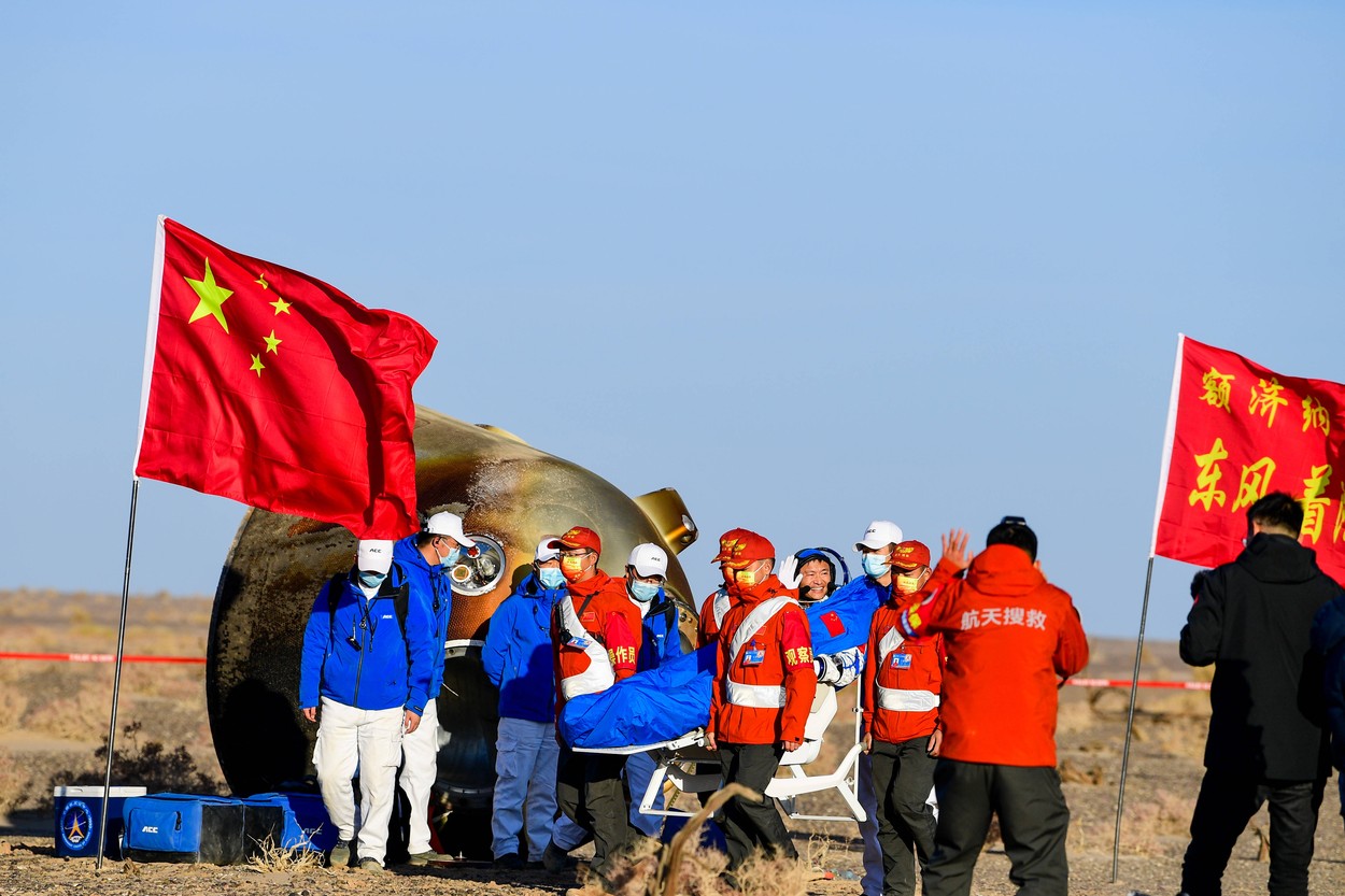 INNER MONGOLIA, CHINA - OCTOBER 31: Astronaut Gui Haichao is out of the return capsule of the Shenzhou-16 manned spacesh