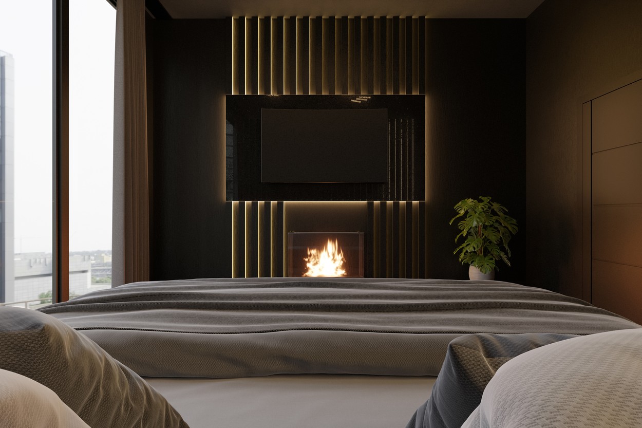 3D interior of dark bedroom, black walls, luxury room, apartment. hotel, idea for design, large bed and plants. burning fireplace fire TV