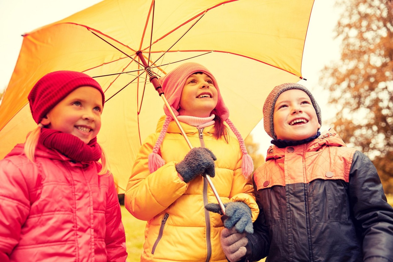 happy children with umbrella in autumn park