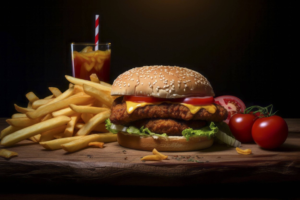 Delectable composition of a burger, crispy onion rings, and chips, epitomizing fast food delight. Tasty Fast Food Ensemb