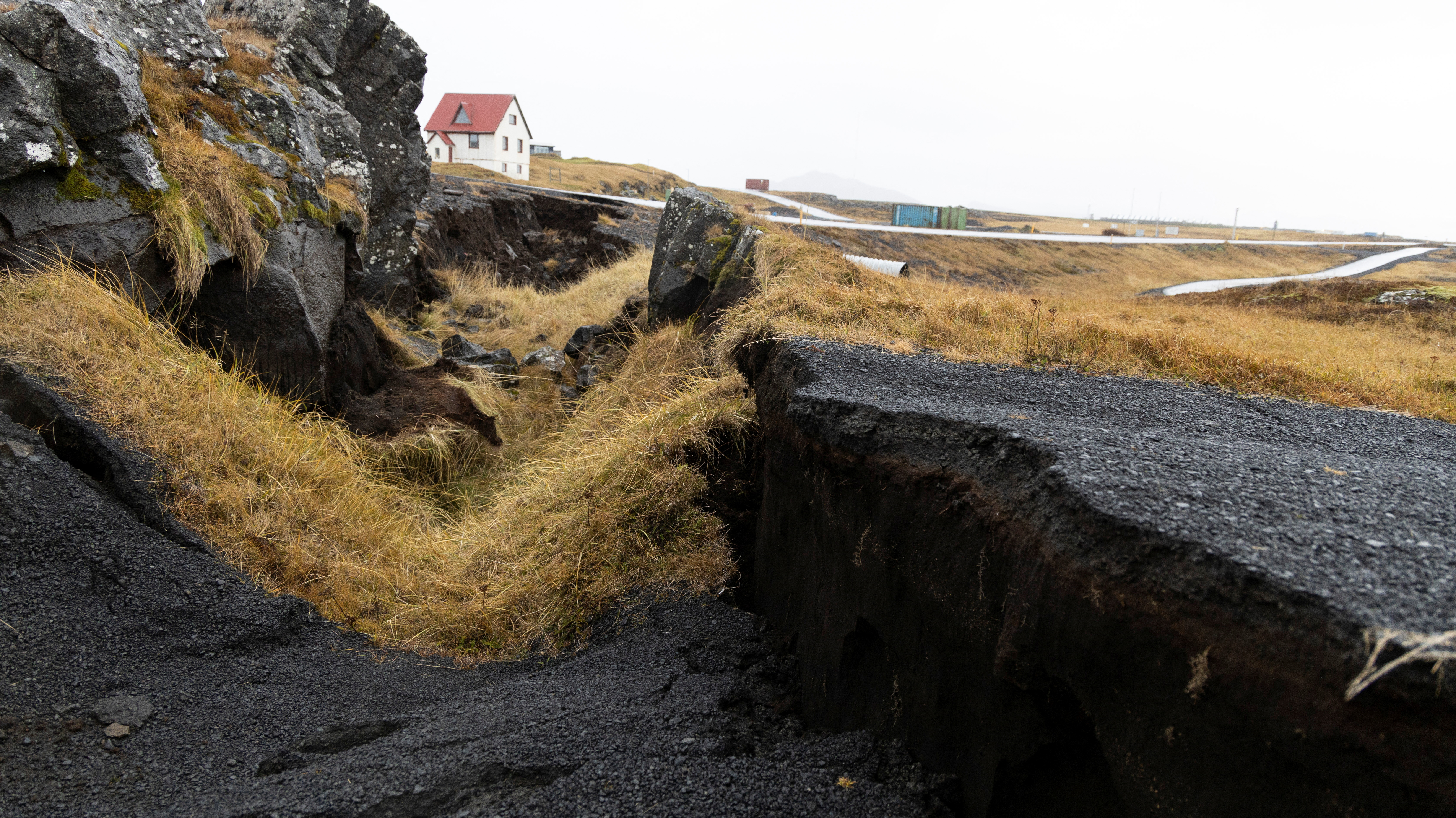 A general view of damage due to volcanic activity at a golf course, in Grindavik