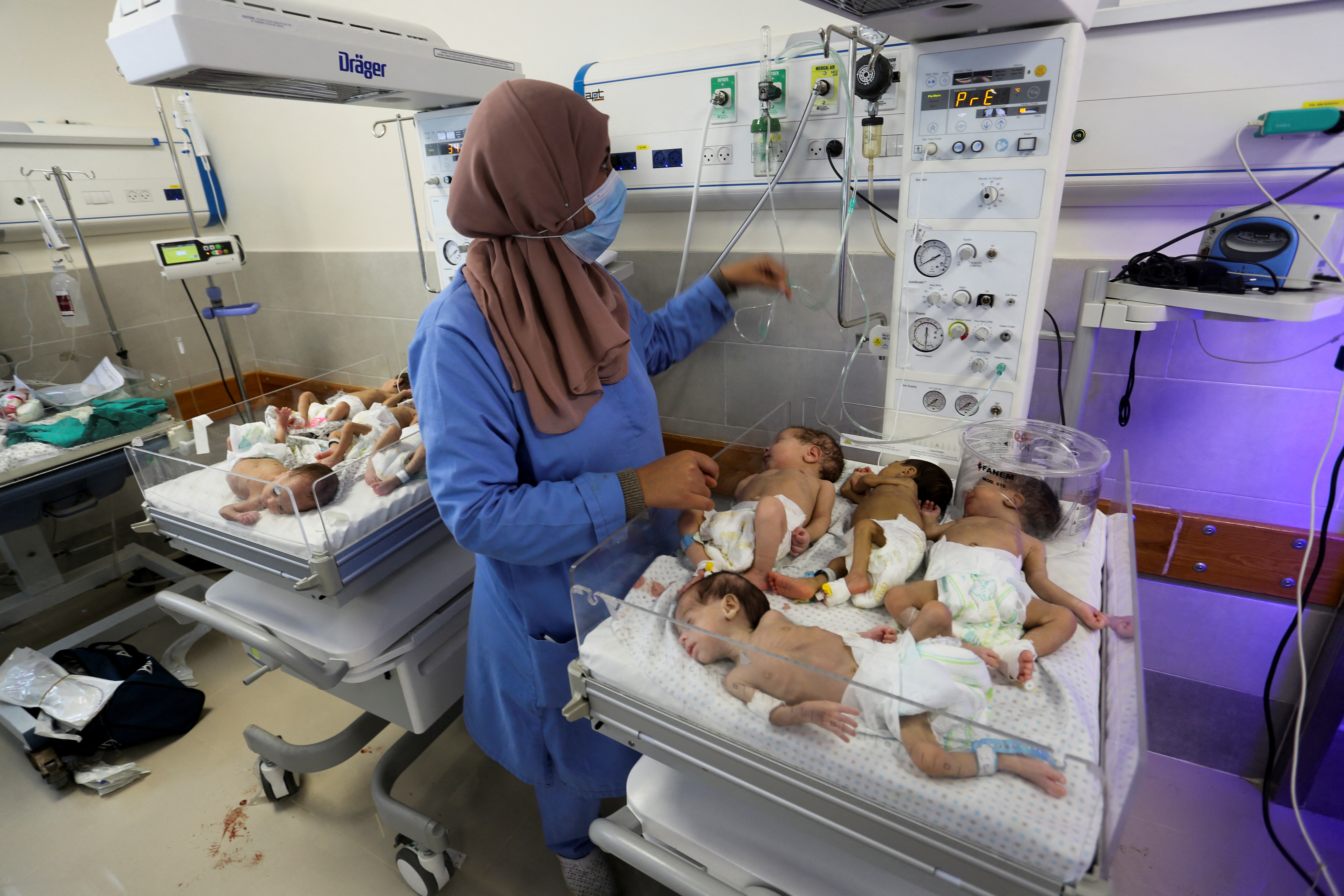 Premature babies which were evacuated from an incubator in Al Shifa Hospital in Gaza City receive treatment at an hospital in Rafah, in the southern Gaza Strip