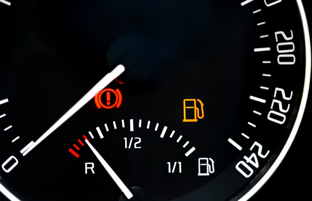 Low,Fuel,Readings,On,Car,Dashboard.,Fuel,Level,Indicator,In