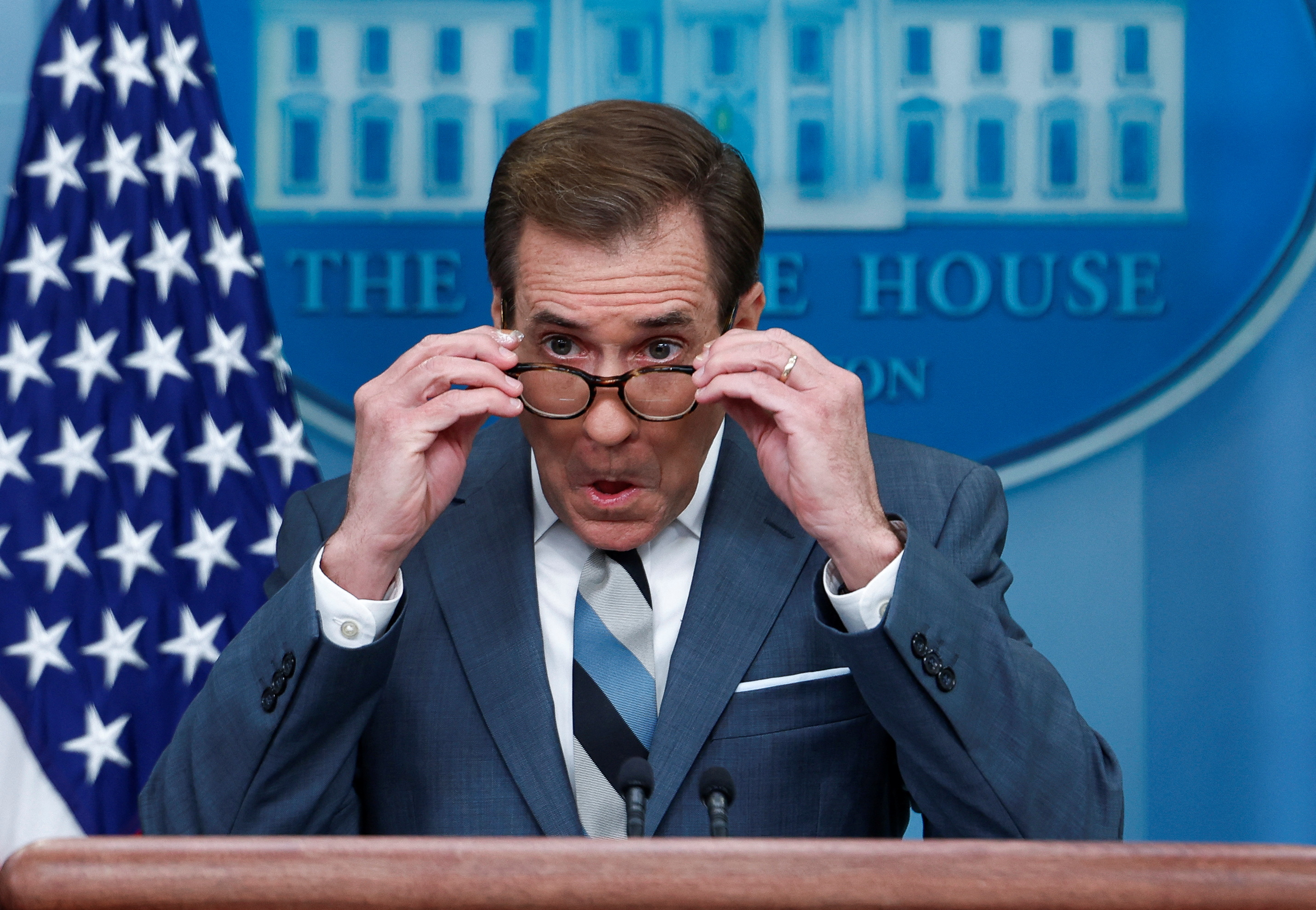 John Kirby speaks at a press briefing at the White House in Washington