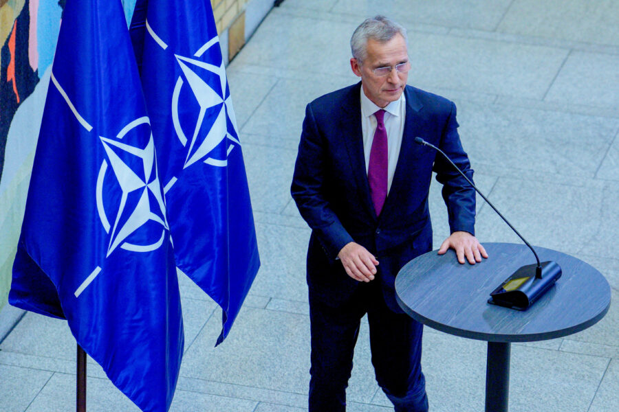 NATO Secretary General Jens Stoltenberg speaks during a press conference in the Norwegian Parliament, in Oslo