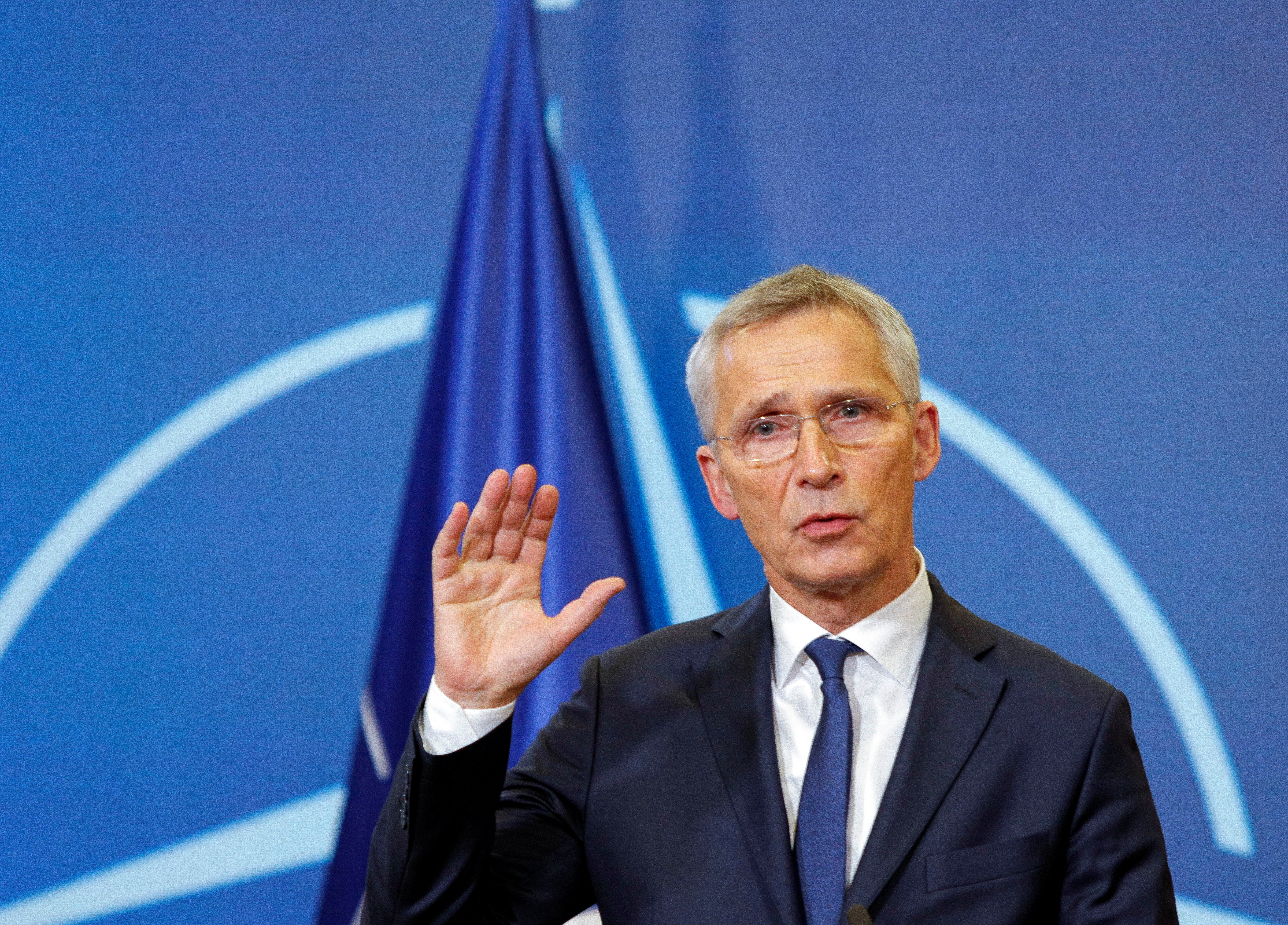 NATO Secretary-General Jens Stoltenberg speaks during a press conference, in Skopje