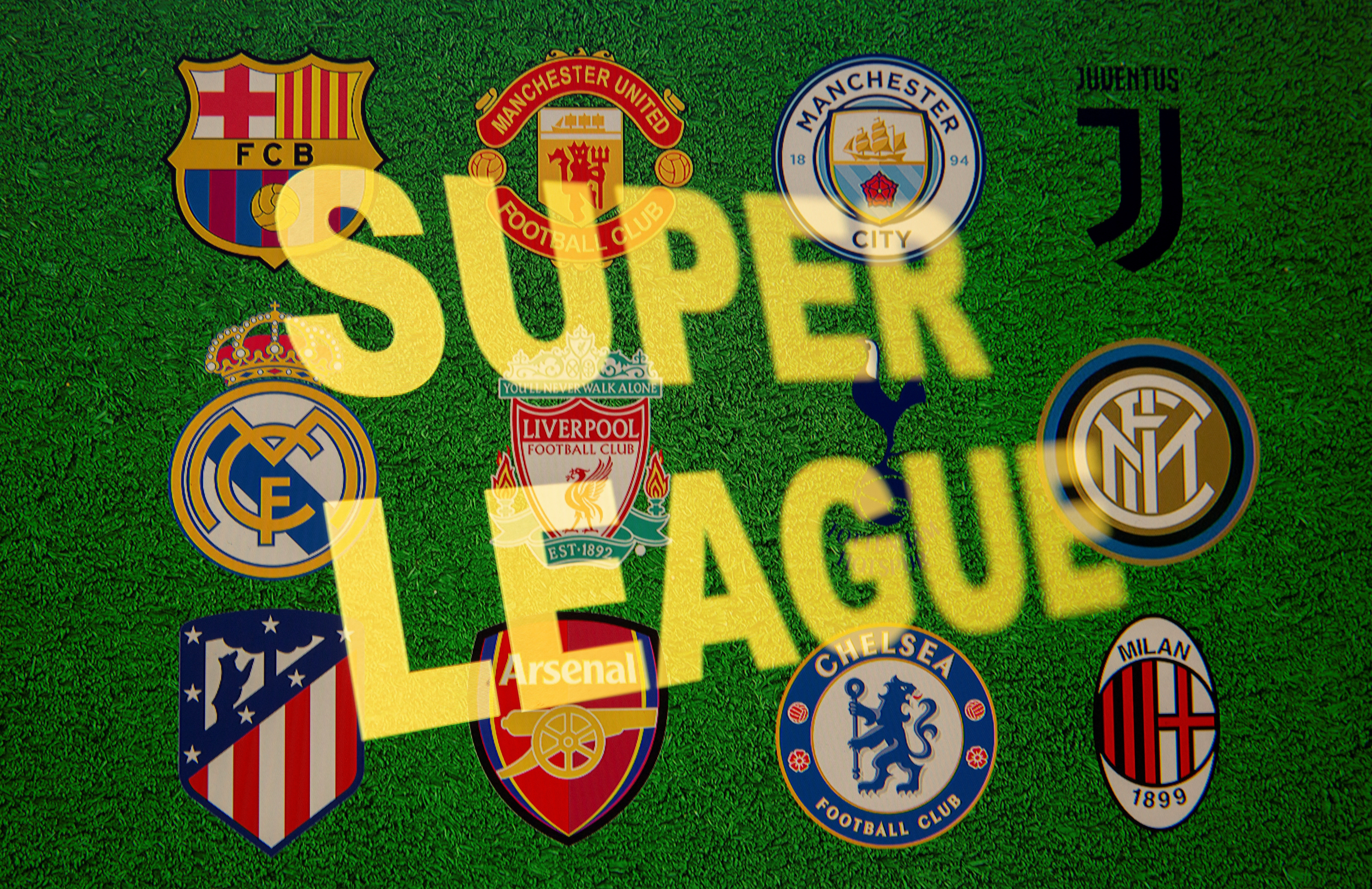 FILE PHOTO: Super League words are seen in front of twelve of Europe's top football clubs logos in this illustration