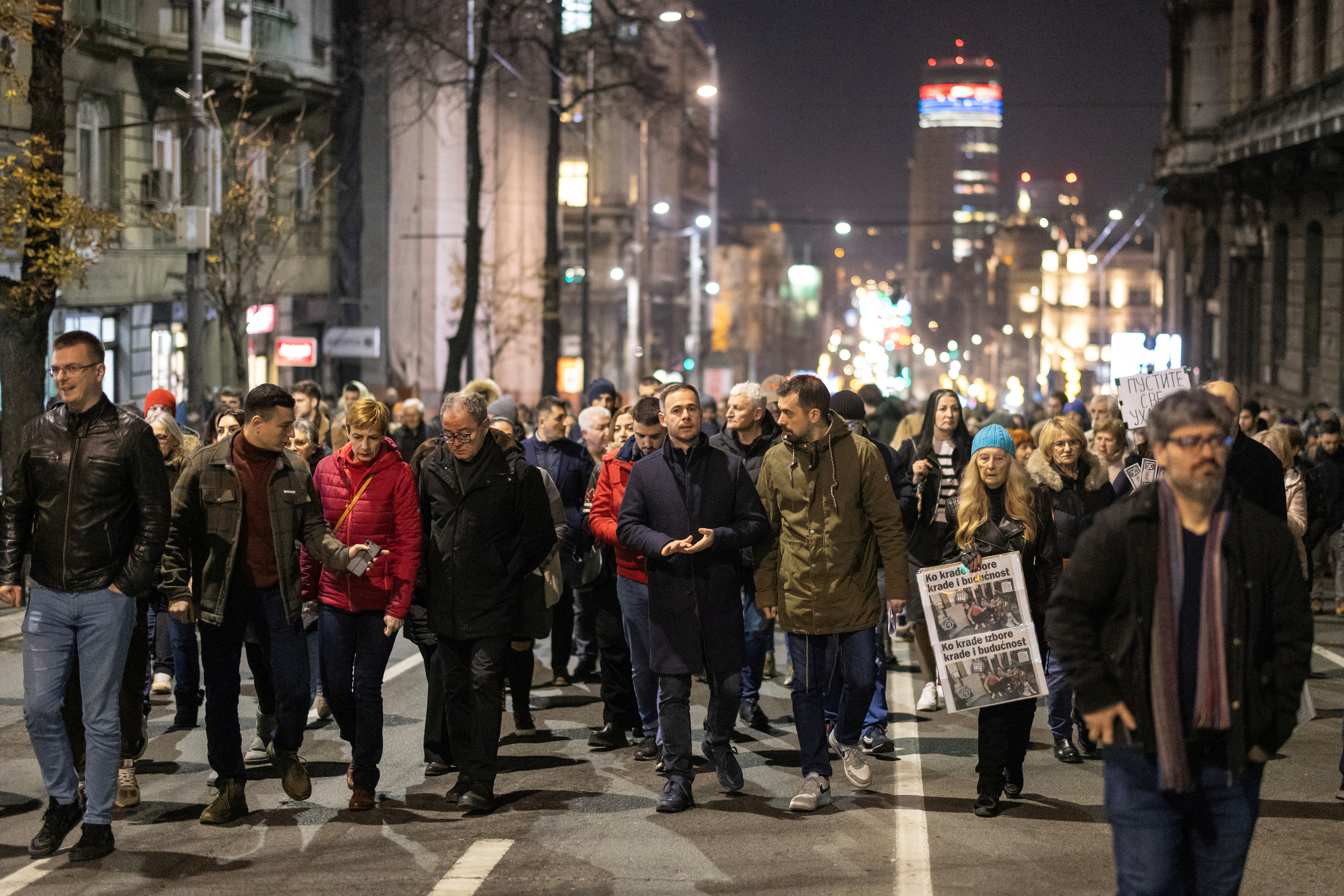 Supporters of the opposition SPN coalition protest in Belgrade