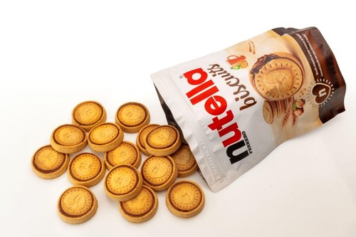 Alba, Italy - December 28, 2021: package of Nutella biscuits with biscuits filled with Nutella, chocolate cream with hazelnuts produced by Ferrero