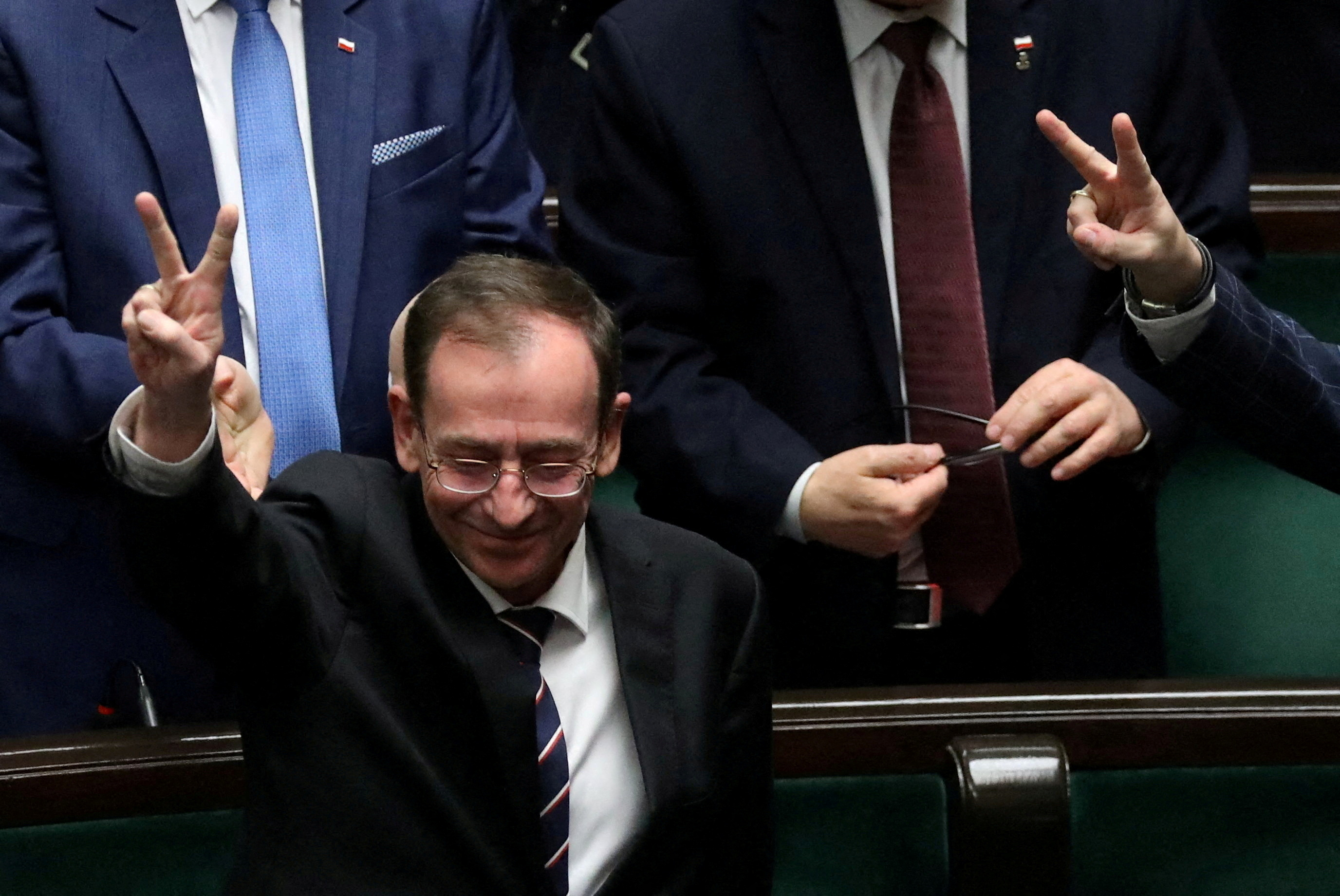 Former Polish Interior Minister Kaminski from PiS gestures during a parliamentary session at the parliament in Warsaw