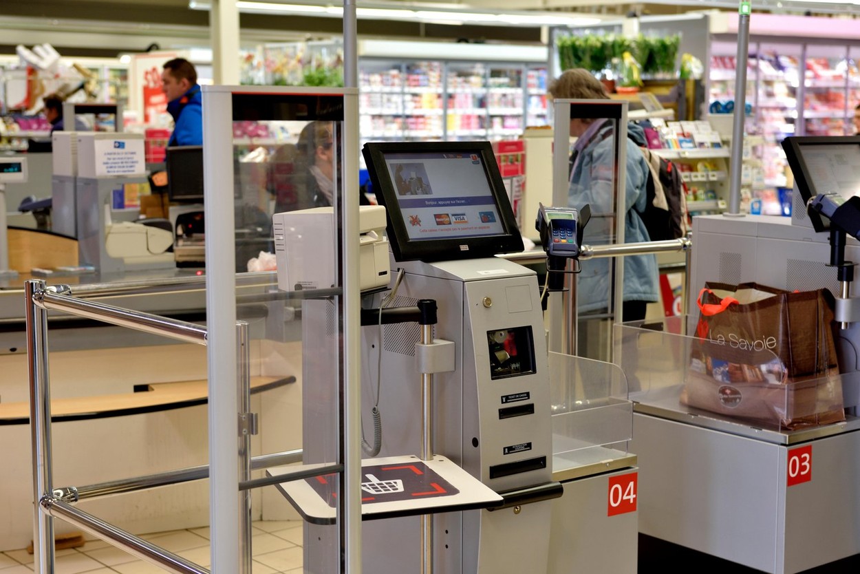 Self-service checkout in supermarket