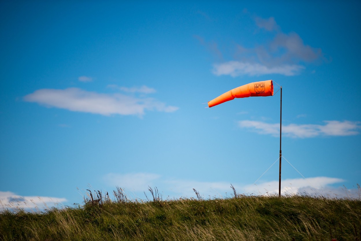 A windsock blows in strong wind at Ushuaia Airport, Argentina.