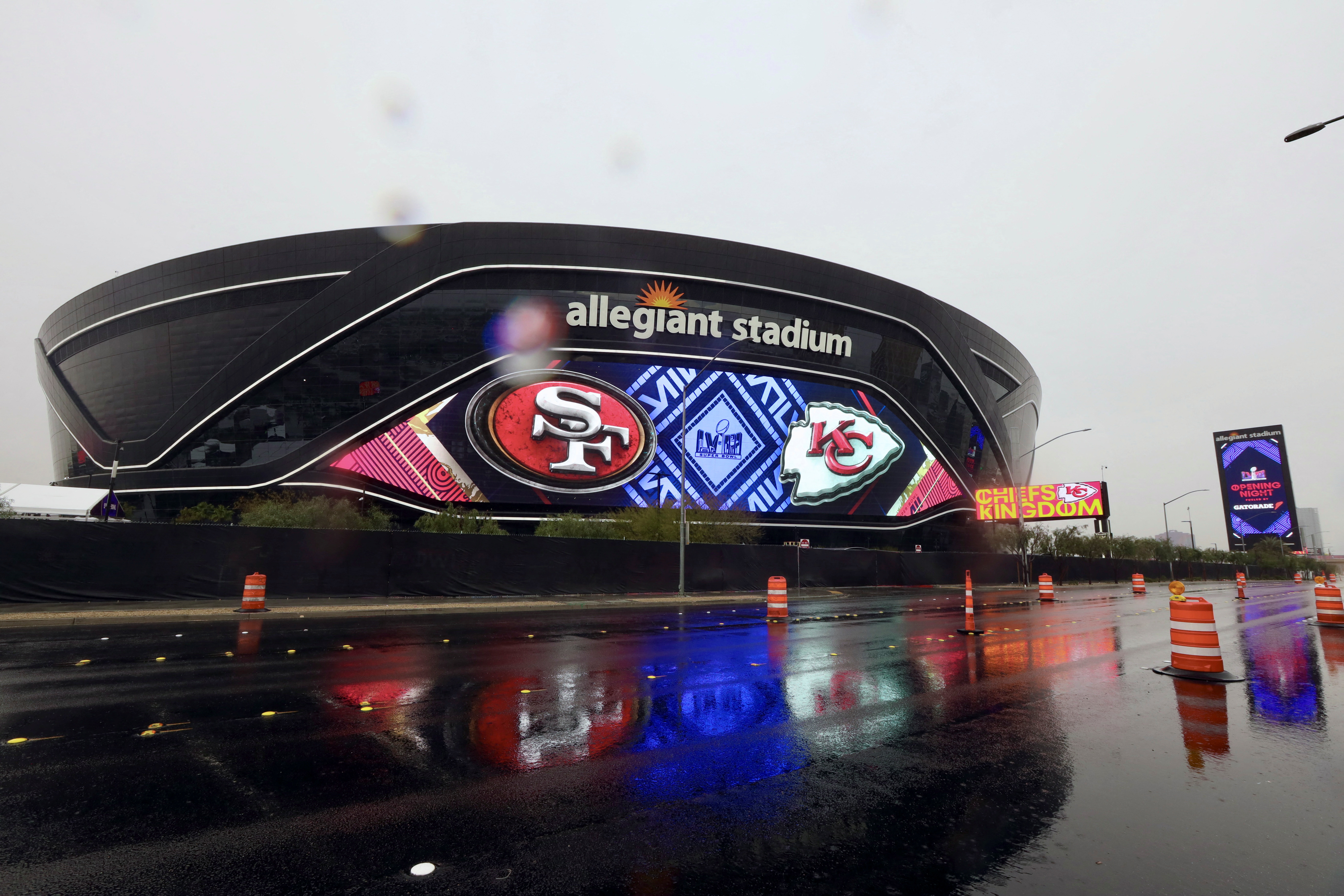 Allegiant Stadium, where SuperBowl 58 will be held, is seen during a rain storm in Las Vegas, Nevada