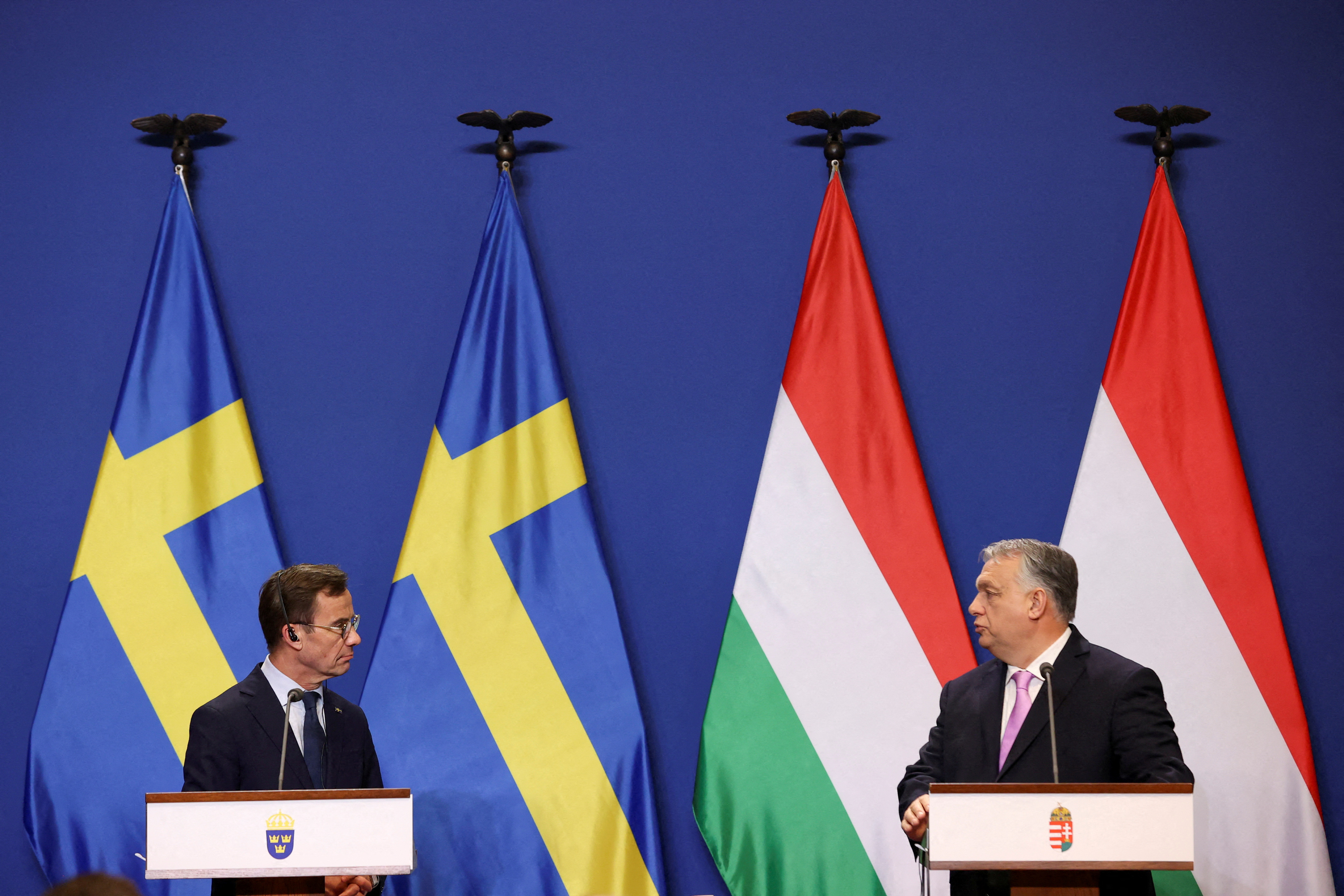 Swedish PM Kristersson and Hungarian PM Orban hold a joint press conference in Budapest