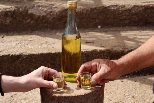 Mans hands with traditional Serbian drink brandy rakija outdoor on a retro wooden log in the countryside