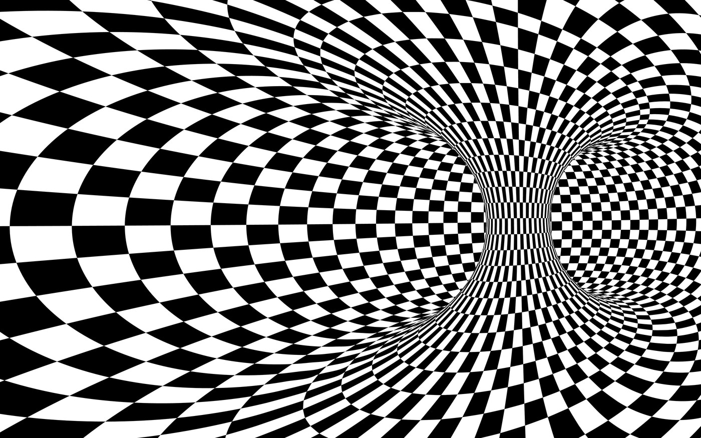 Abstract Wormhole Tunnel. Black and white square optical illusion. Abstract chess illusion background. Vector illustration