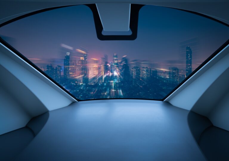 Air,Taxi,Window,View,Of,City,At,Night.,Air,Vehicle.