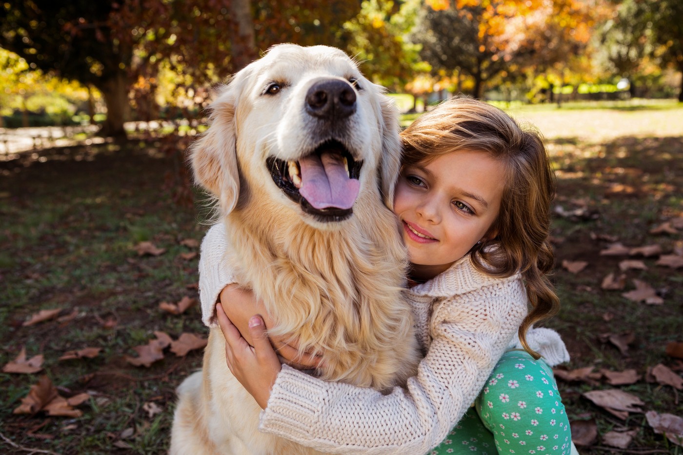 Little girl embracing her dog in a park