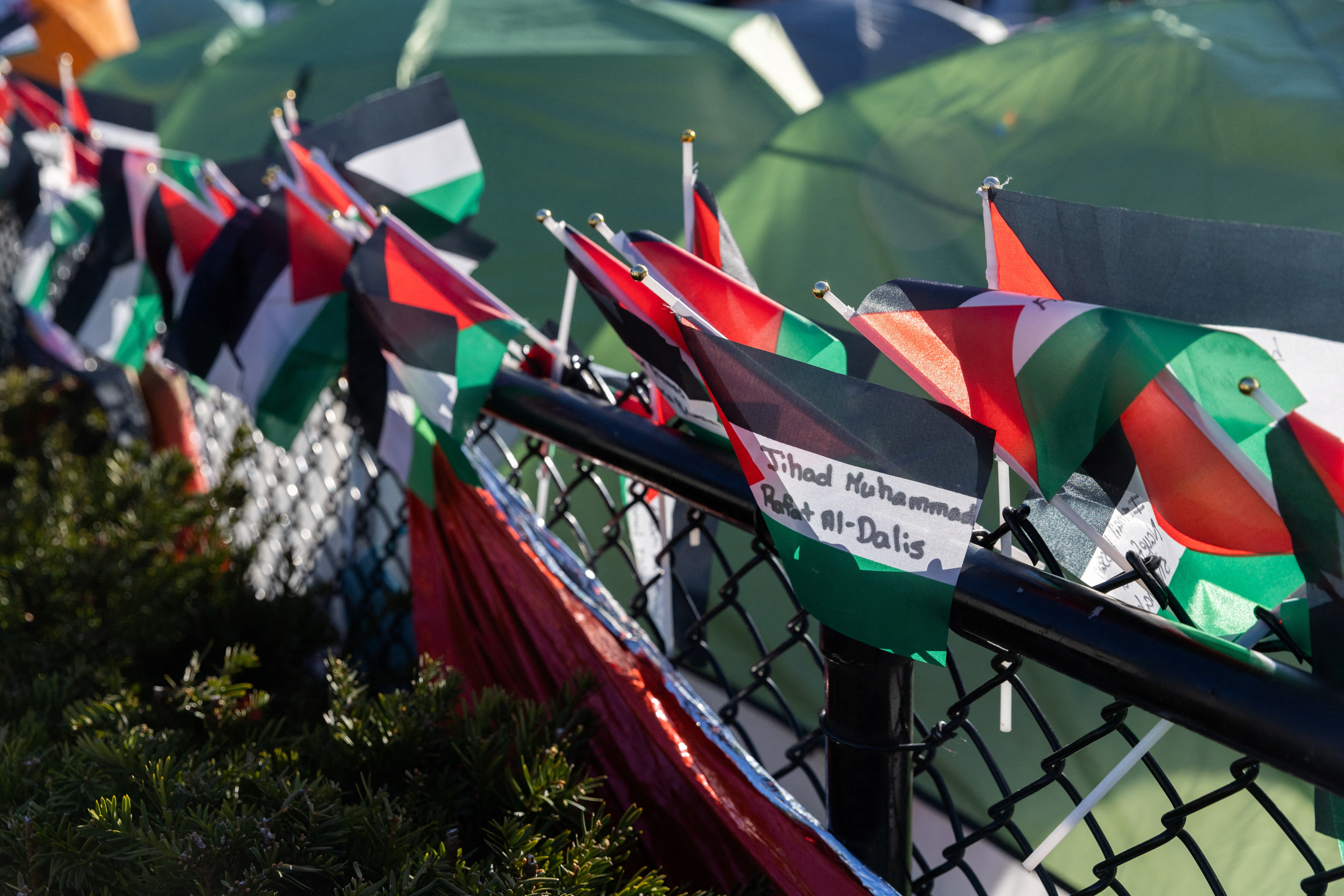 Palestine flags are displayed on campus near the encampment where students are protesting in support of Palestinians