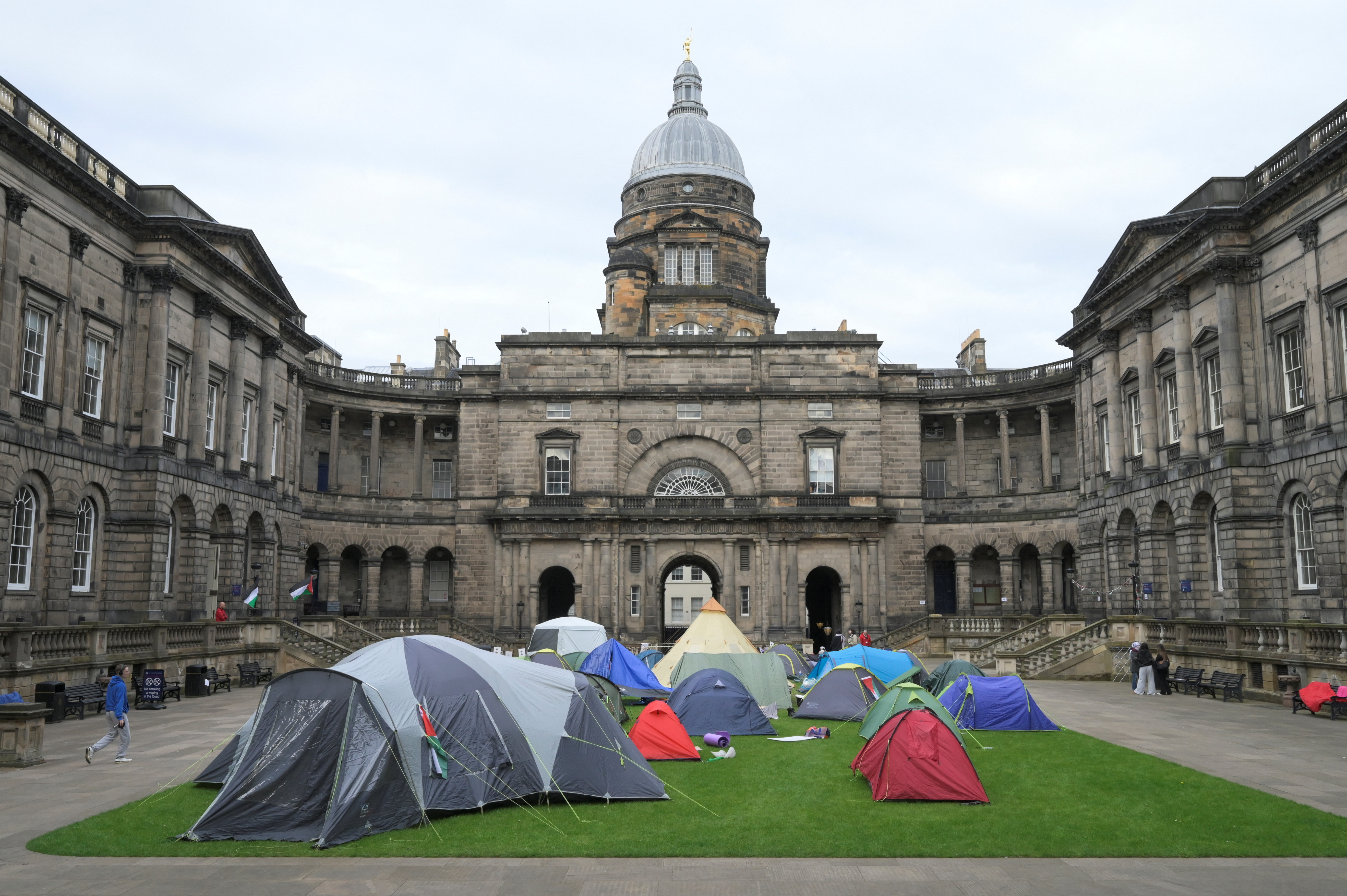 A student encampment is set on the grounds of the Old College, University of Edinburgh
