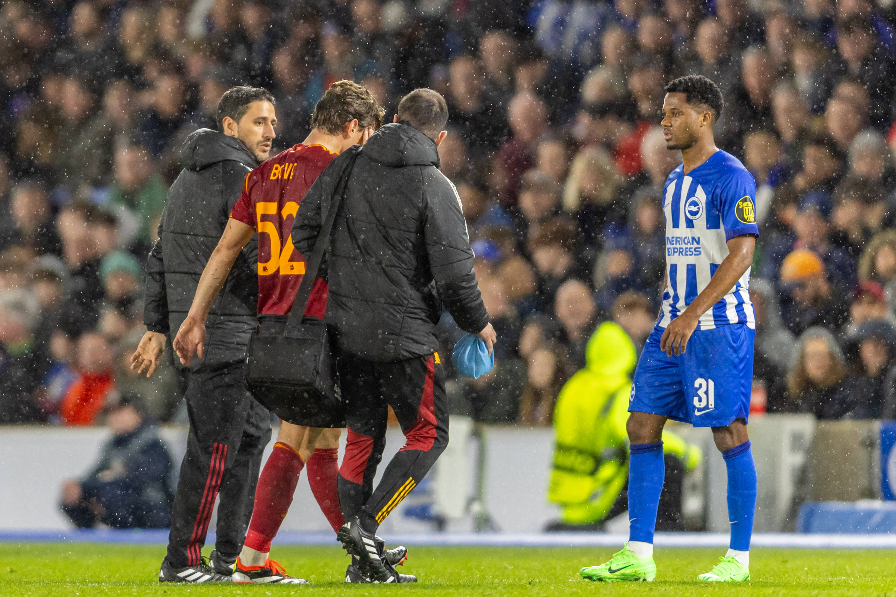 Brighton and Hove Albion v Roma Europa League 14/03/2024. Round of 16 AS Roma midfielder Edoardo Bove (52) leaving the p