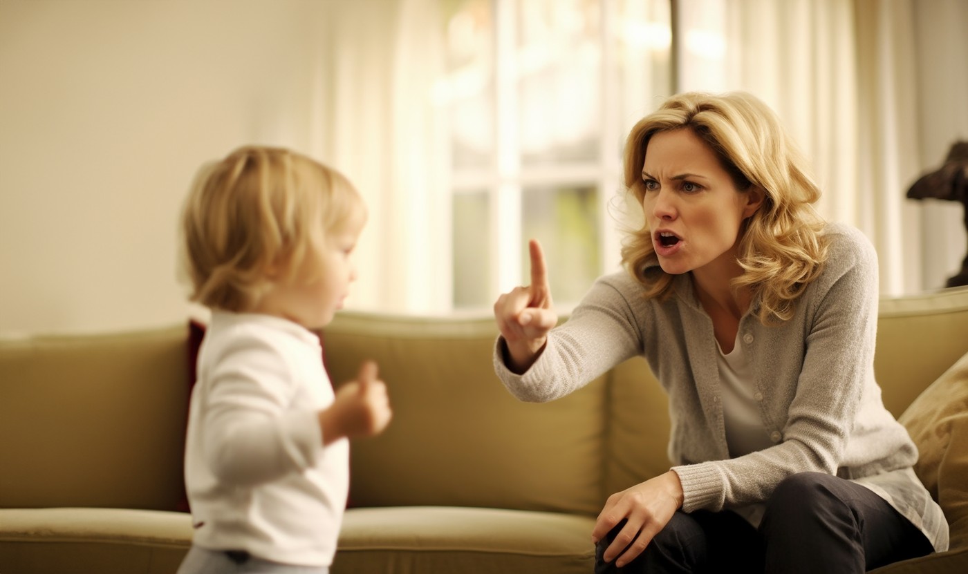 Mother scolds her disobedient child.. A child cries and is angry, a woman shakes her finger because of the child bad behavior, Rule of conduct. Giving naughty child time out
