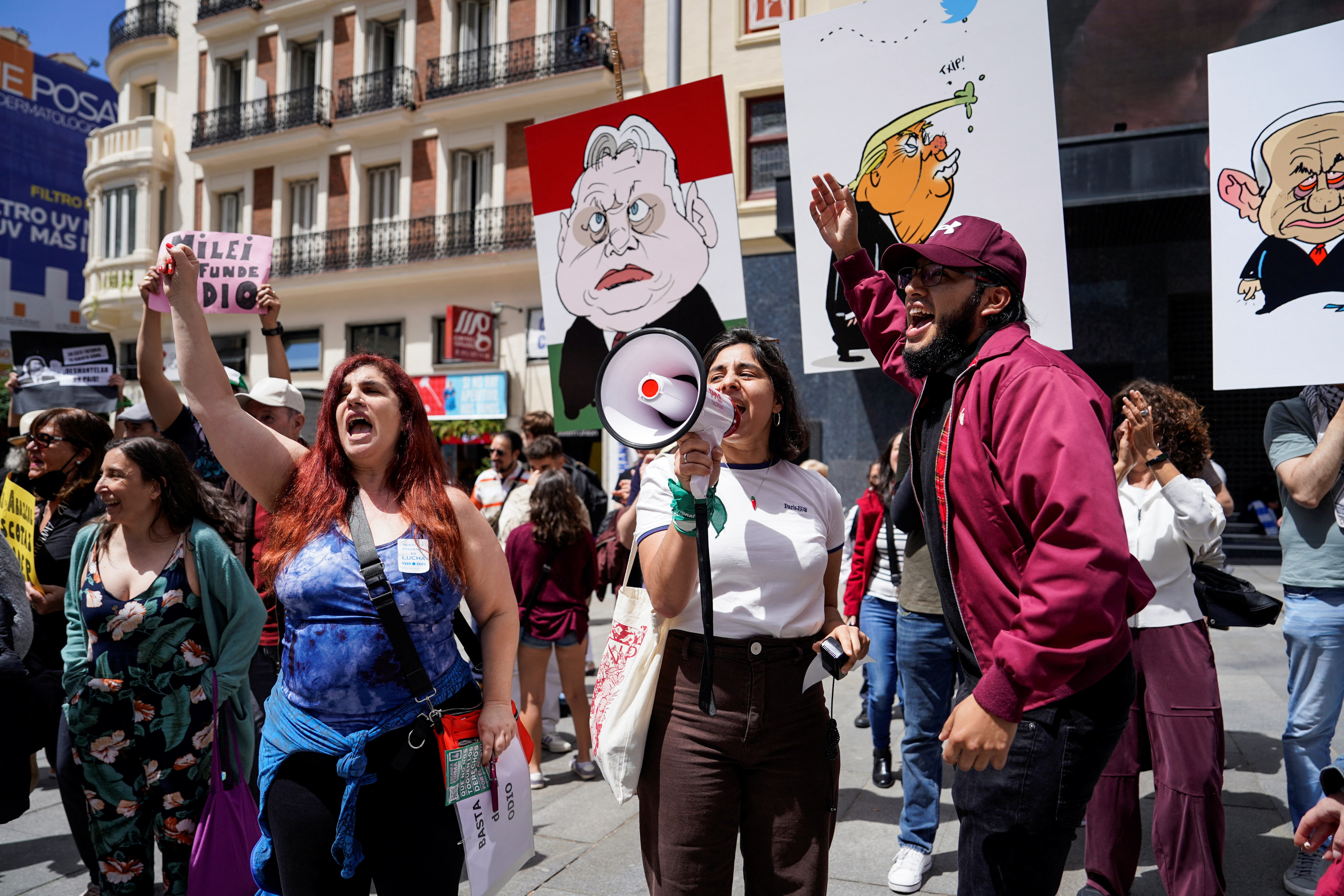 People protest as Spanish far-right party Vox holds a two-day meeting, in Madrid