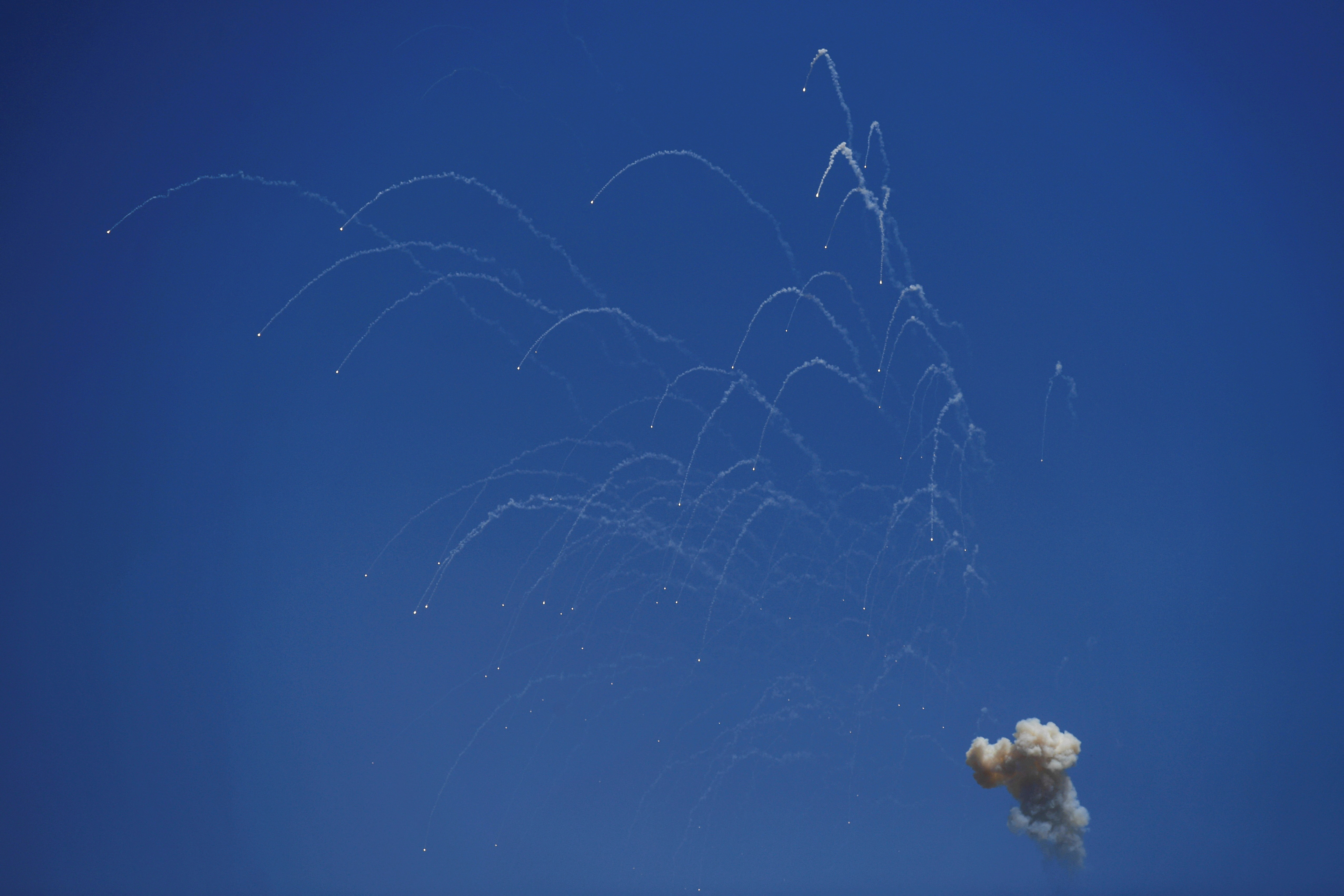 An interception of a rocket launched from Lebanon to Israel over the border, amid ongoing cross-border hostilities between Hezbollah and Israeli forces, close the Israeli border with Lebanon