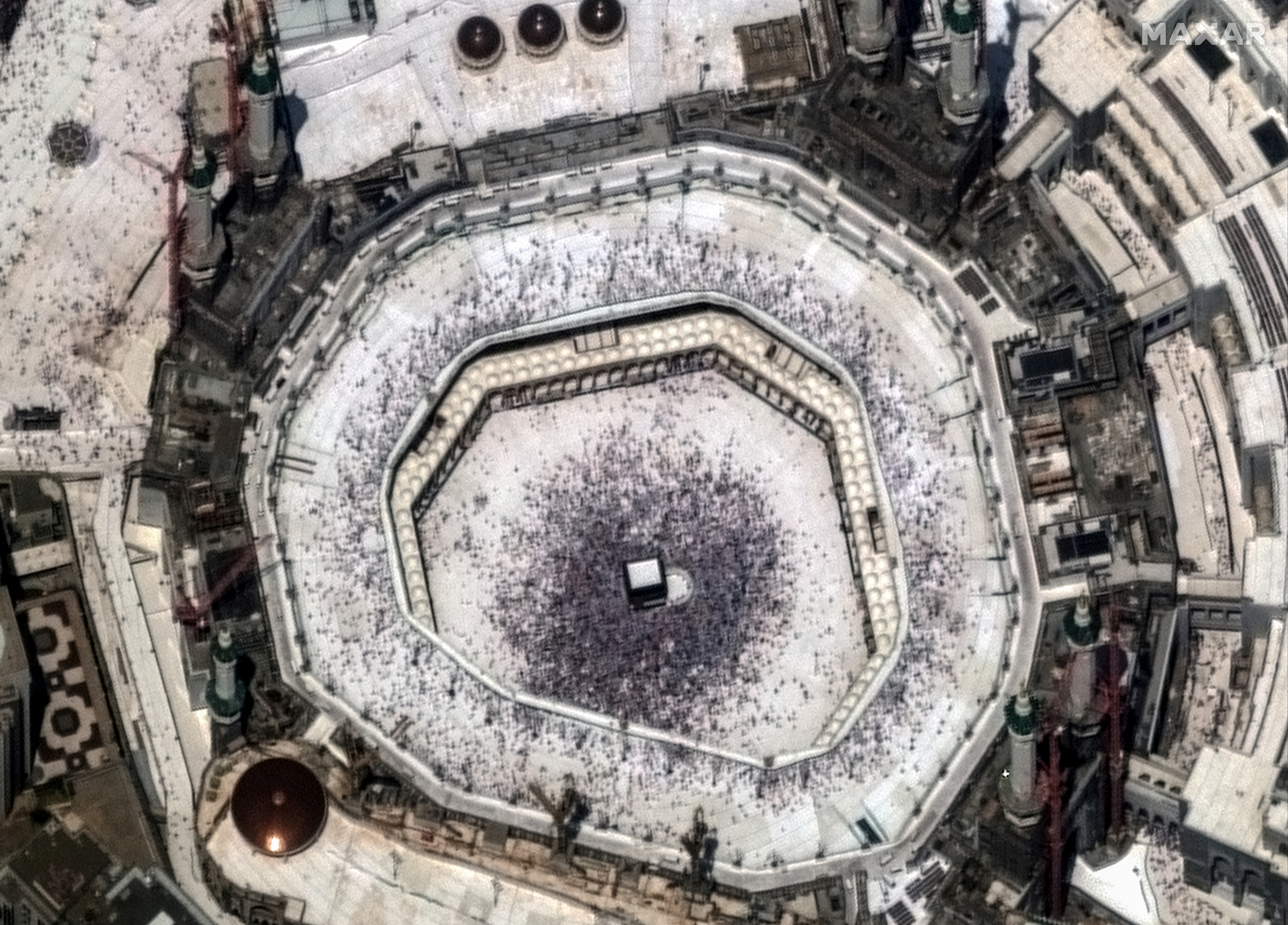 A satellite image shows an overview of worshipers around the Kaaba at the Grand Mosque during the annual Hajj pilgrimage, in Mecca