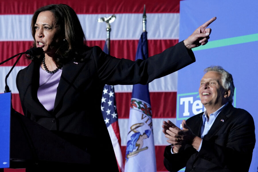 FILE PHOTO: U.S. Vice President Kamala Harris attends a campaign rally for Virginia Democratic gubernatorial candidate Terry McAuliffe in Dumfries