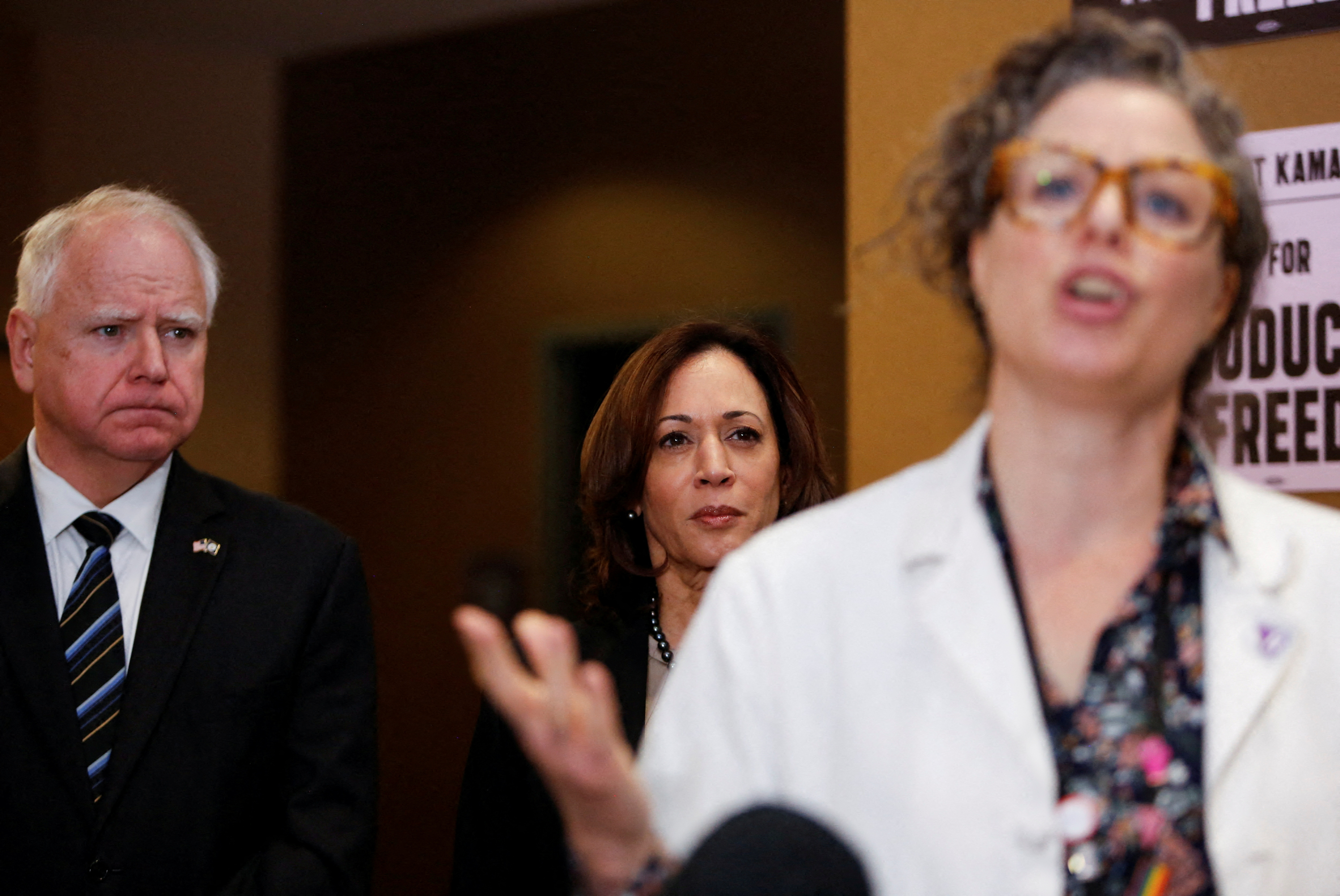 FILE PHOTO: U.S. Vice President Kamala Harris visits a clinic that performs abortions, in St. Paul