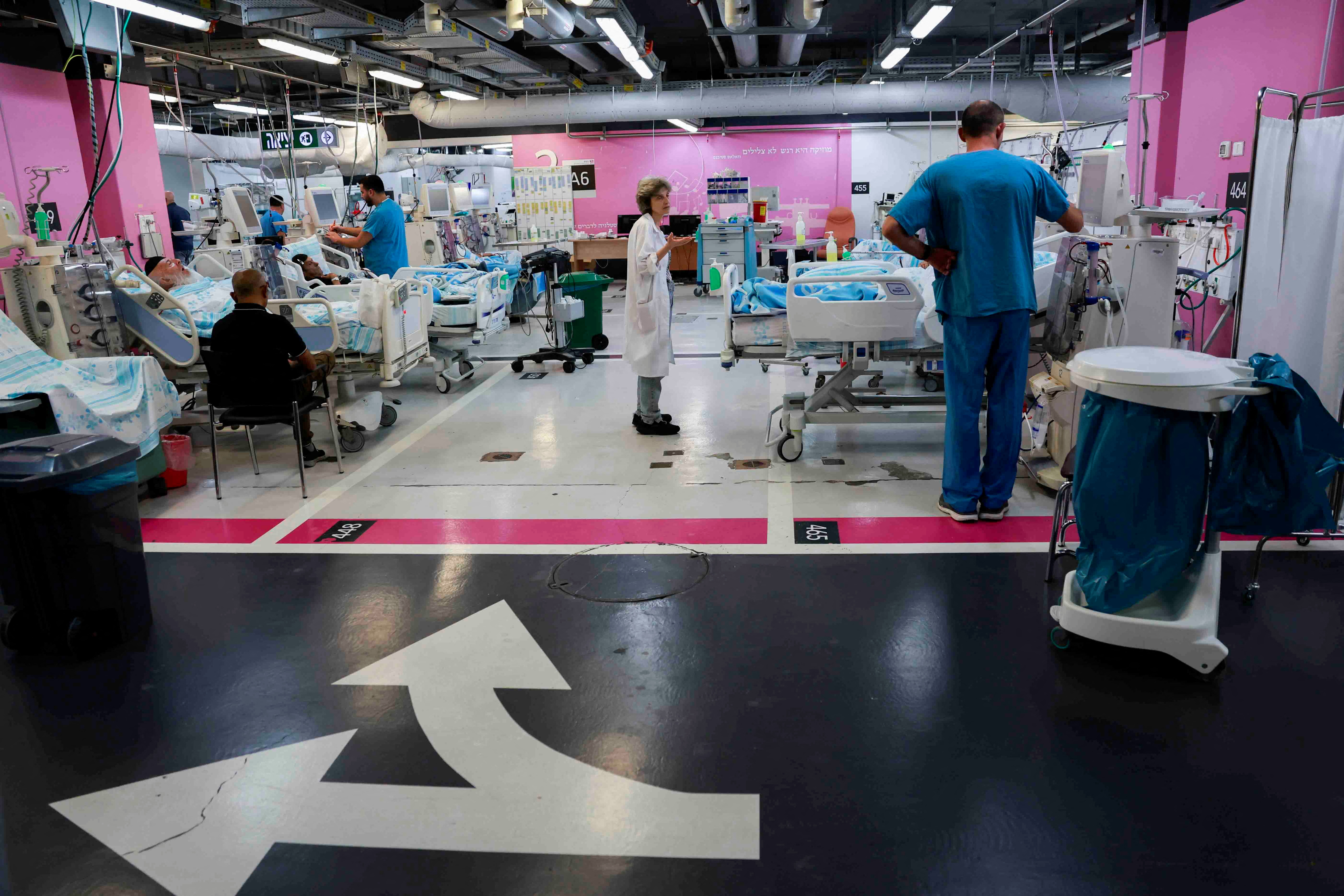 Beds are prepared to receive patients at an underground emergency hospital at Rambam Health Care Campus, in Haifa