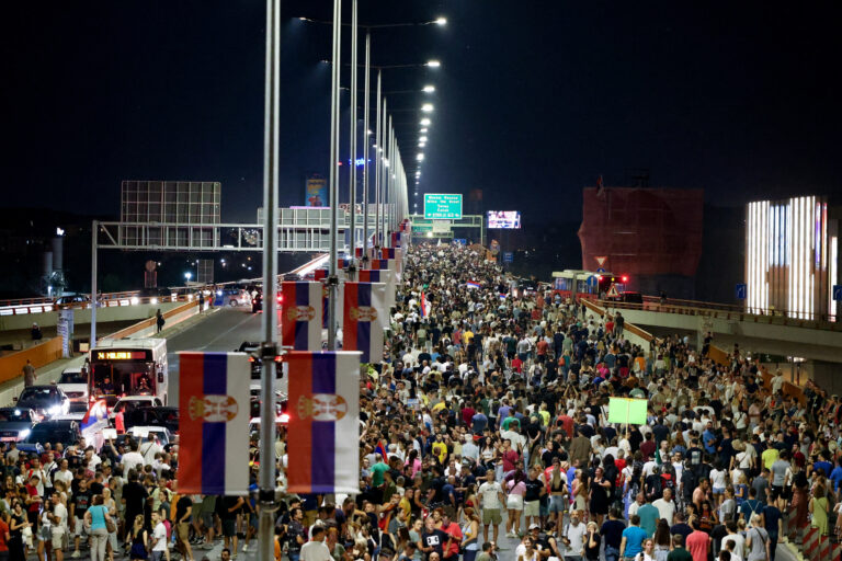 People attend a protest against Rio Tinto's lithium mining project, in Belgrade