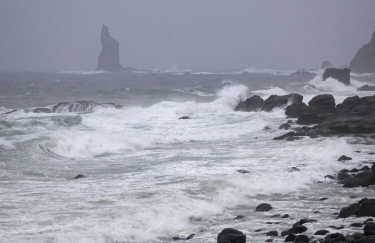 High waves are observed along the shore as Typhoon Shanshan approaches southwestern Japan in Makurazaki