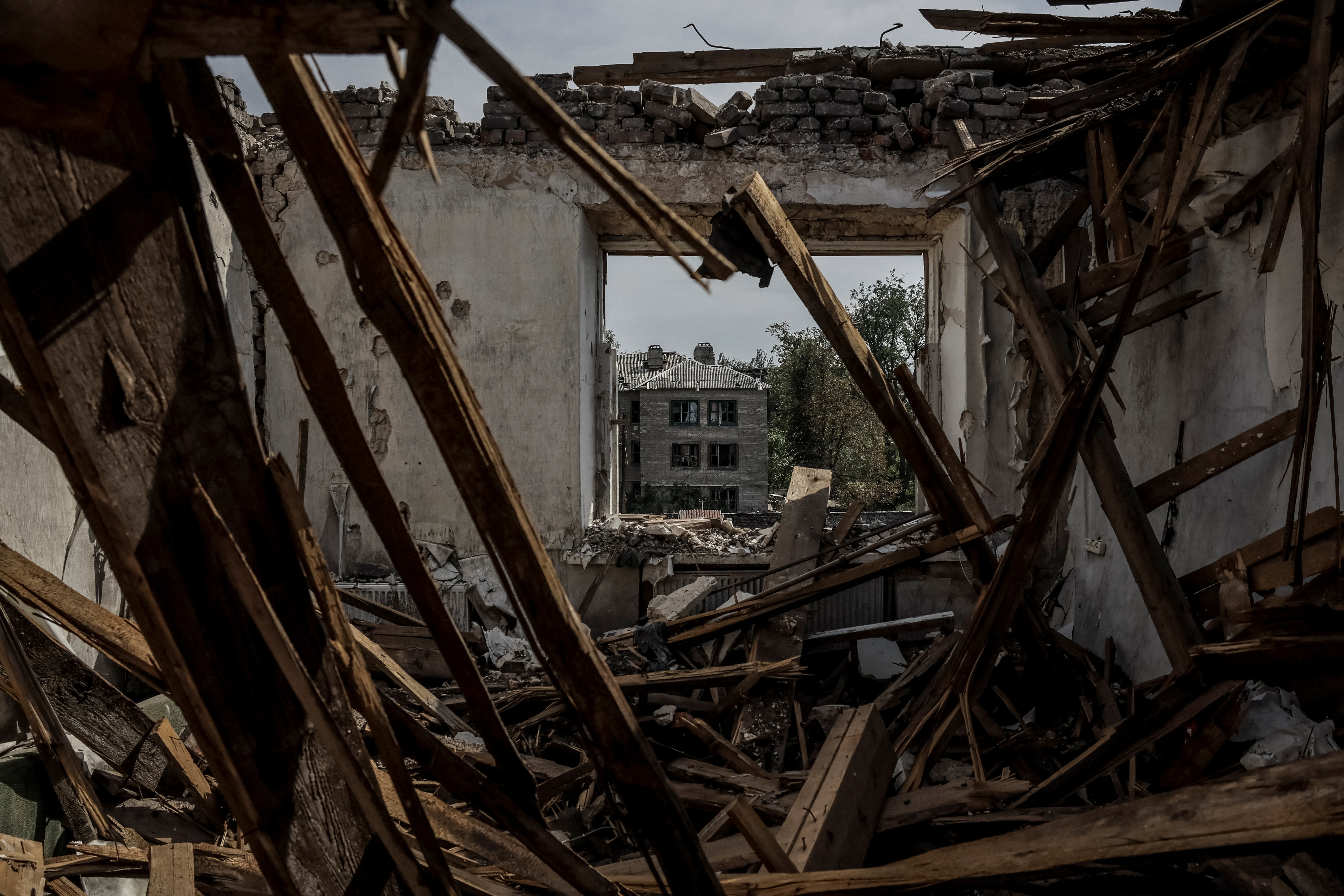 A view shows residential buildings heavily damaged during a Russian military attack in the frontline town of Chasiv Yar