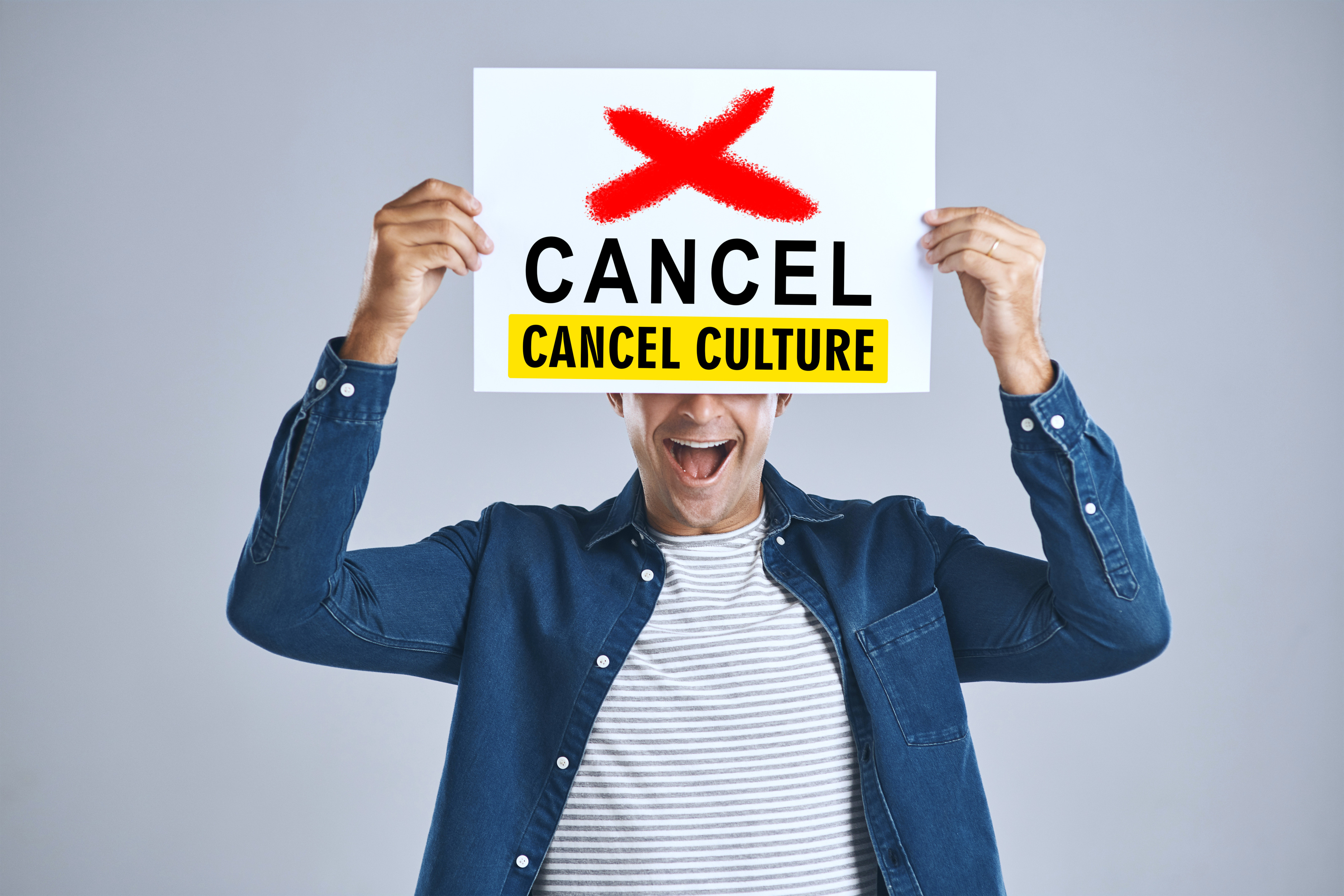 cancel-culture-man-protest-sign-hand-with-message-social-media-violence-support-studio-banner-person-mouth-with-mockup-space-solidarity-opinion-grey-background