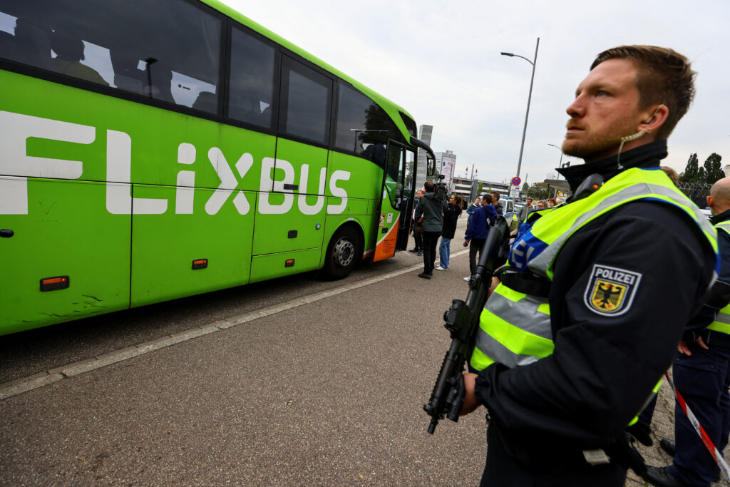 German police officers conduct random checks at a border with France, in Kehl