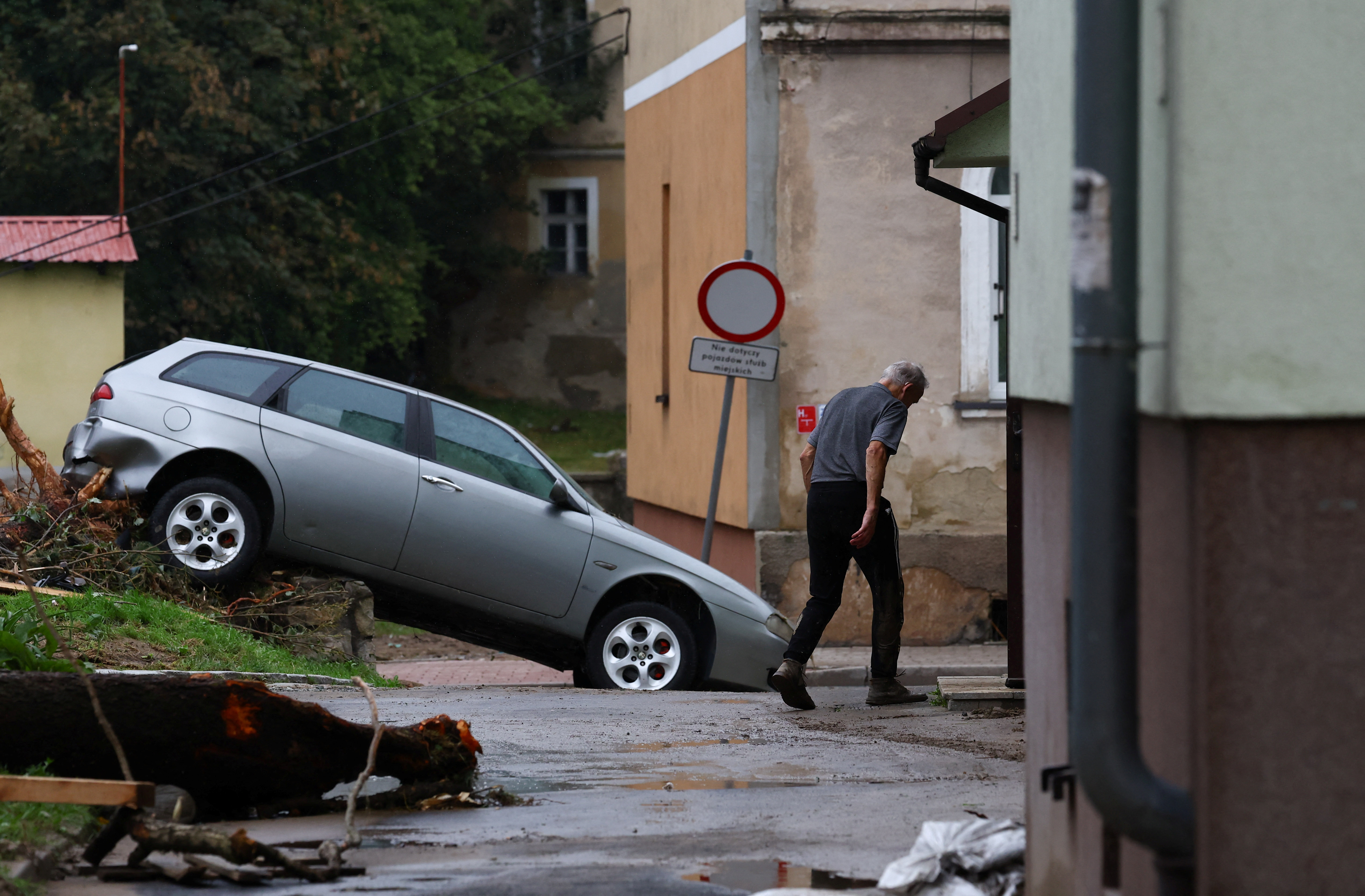 Aftermath of flooding by Biala Ladecka River in Ladek Zdroj
