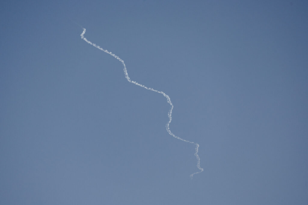 Israel's David's Sling system operates for interception as rockets are fired from Lebanon, as seen from Tel Aviv