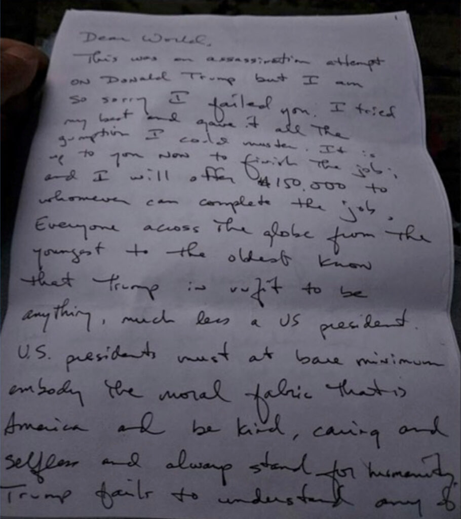 Picture of the first page of the handwritten letter said to be by Ryan Routh