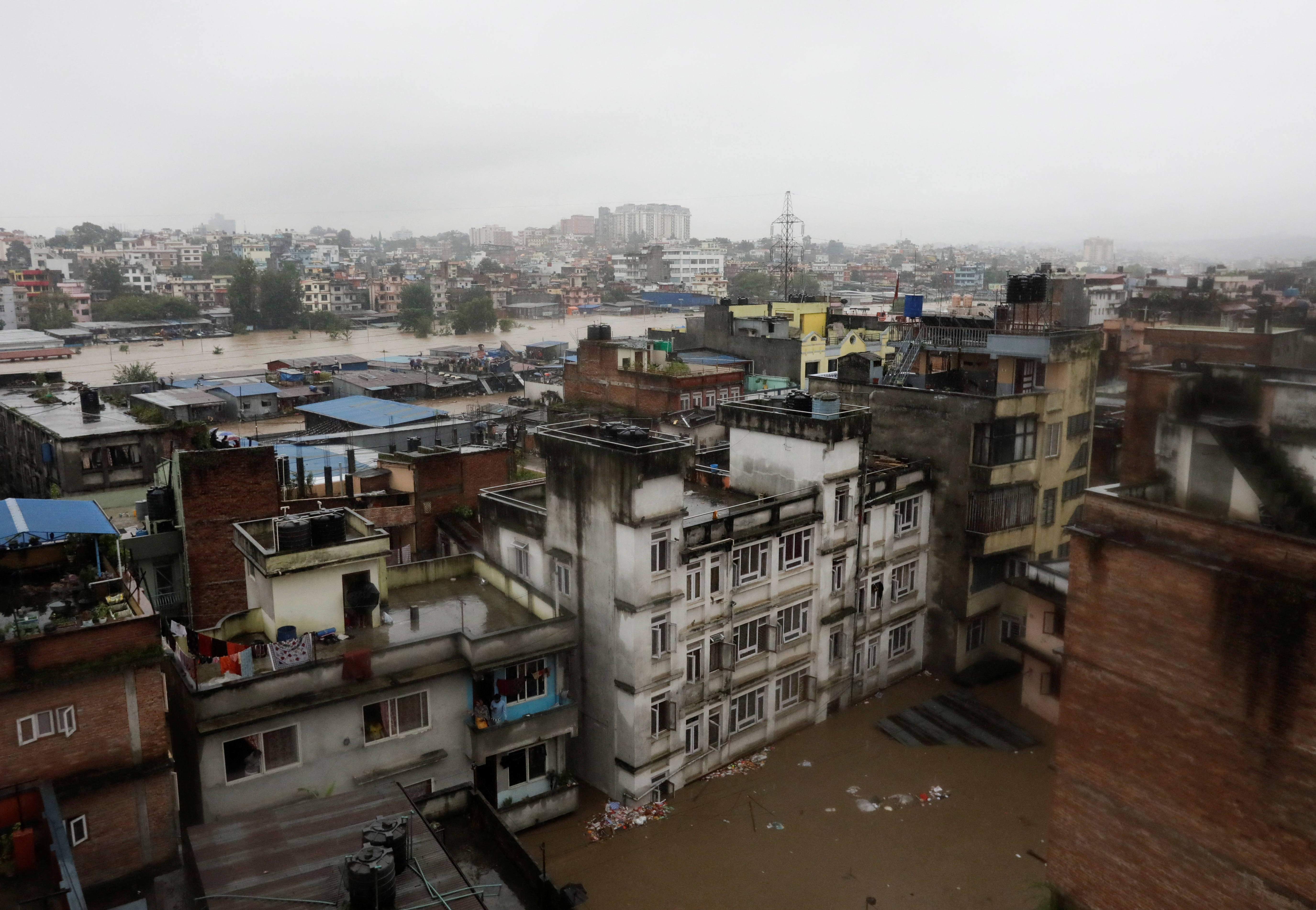 Flood along the bank of overflowing Bagmati River following heavy rains in Kathmandu