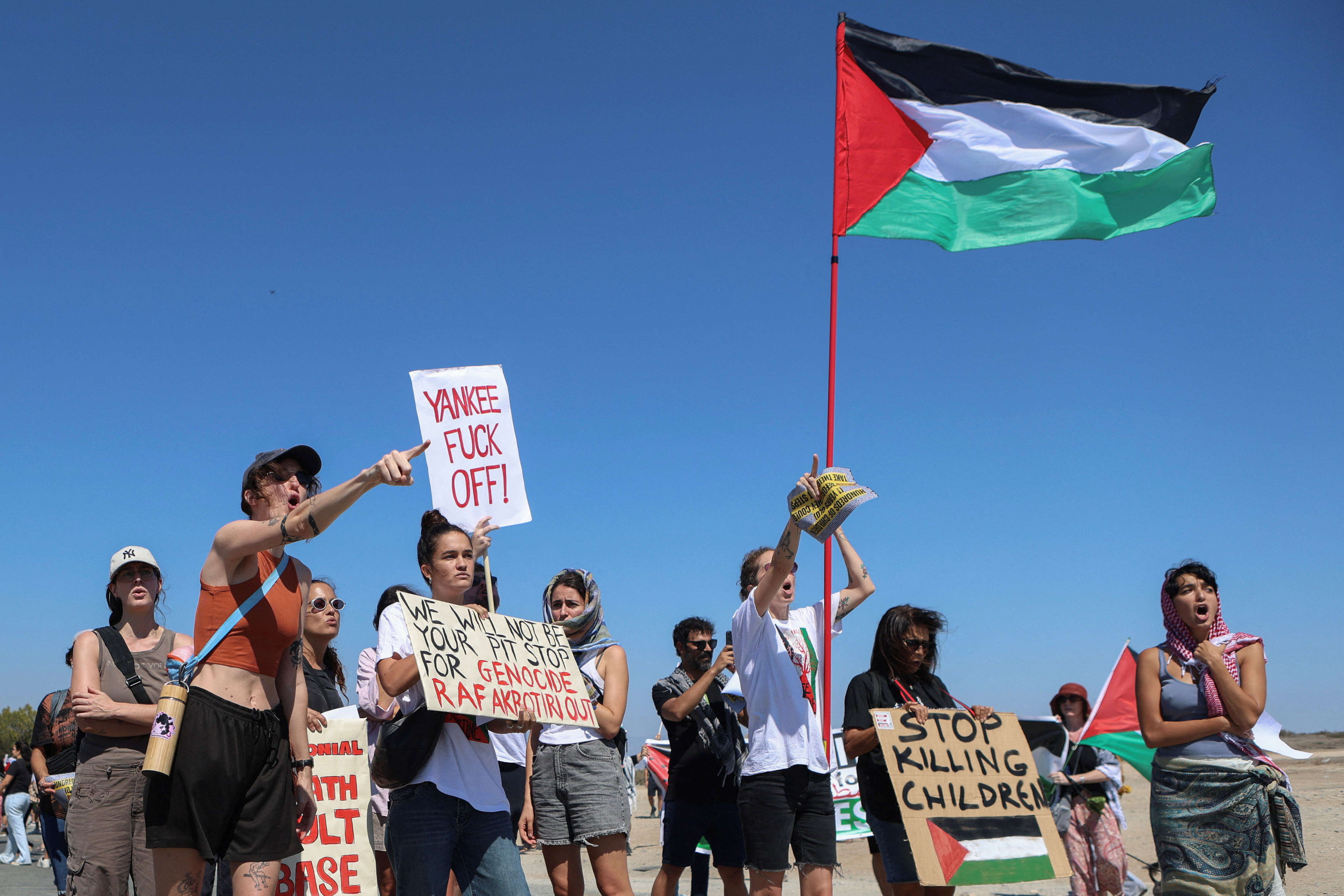 Demonstration outside RAF Akrotiri, a British military base in Cyprus, against the escalating crisis in the Middle East