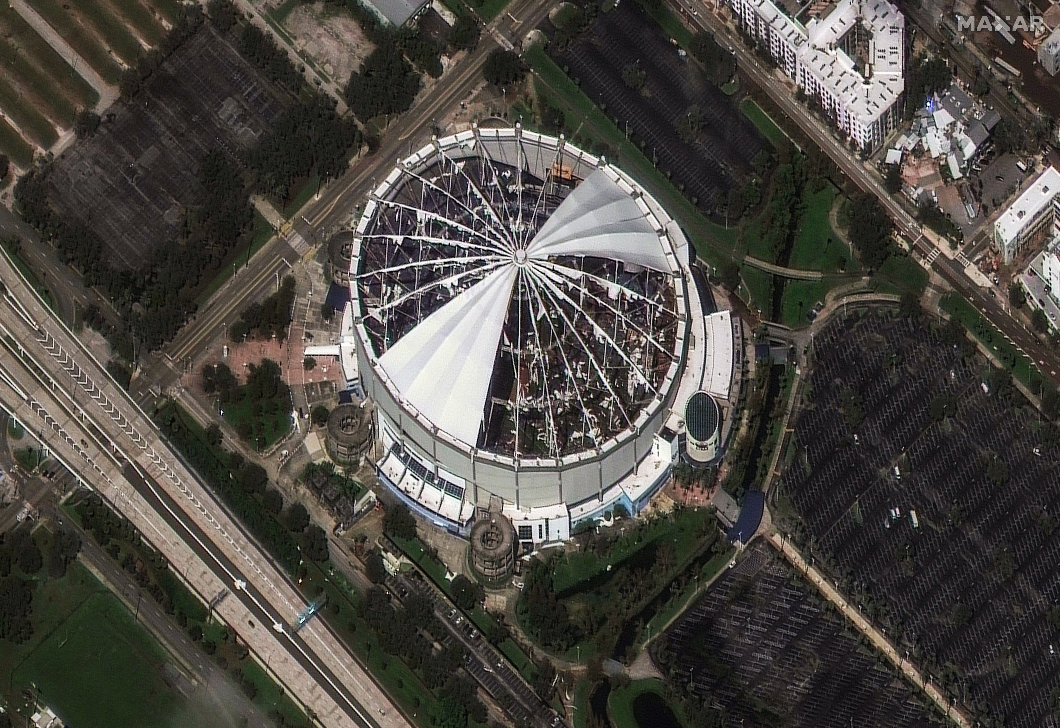 A satellite view shows the Tropicana Field after the passing of Hurricane Milton, in St. Petersburg, Florida
