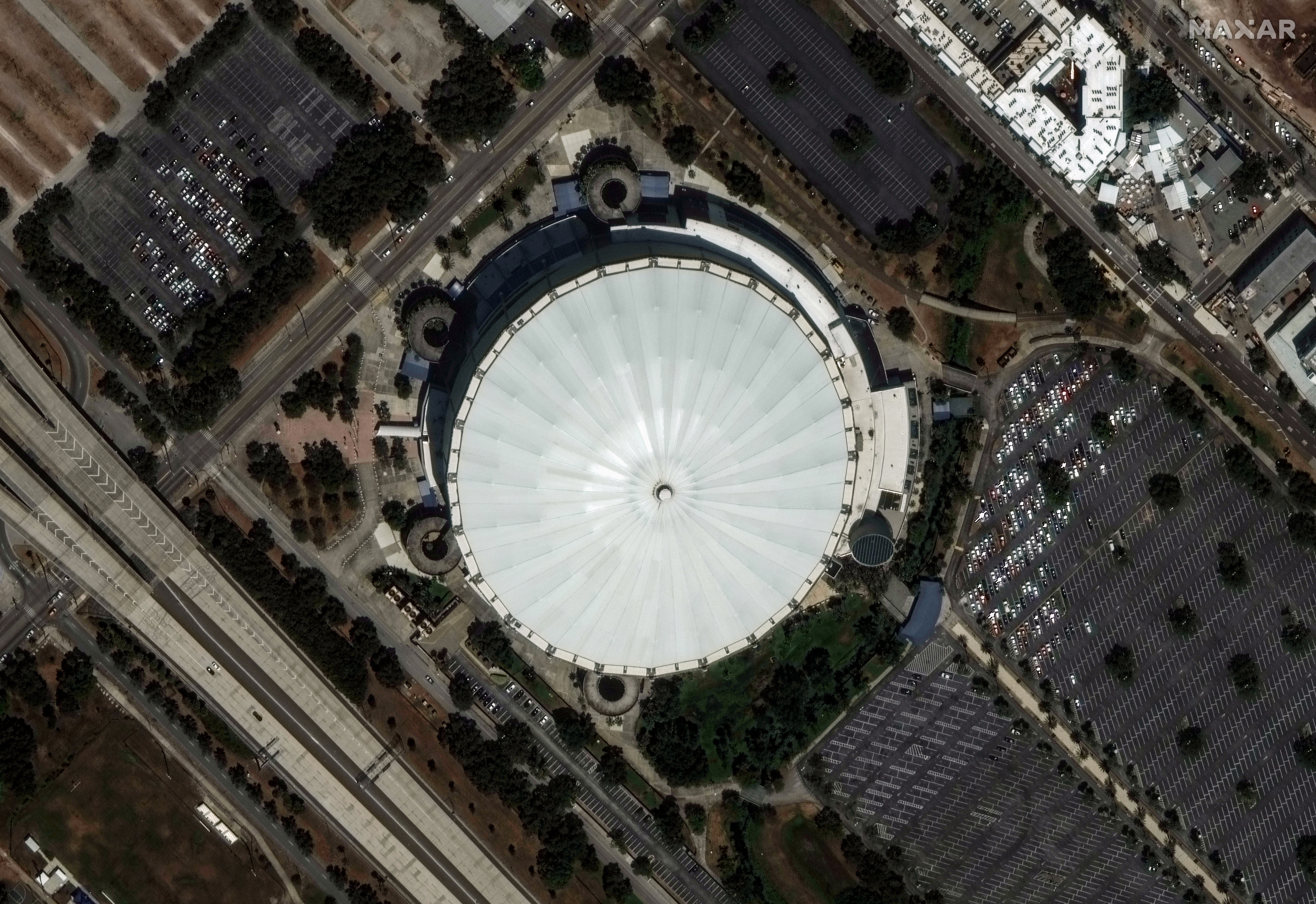 A satellite view shows the Tropicana Field before the passing of Hurricane Milton, in St. Petersburg, Florida
