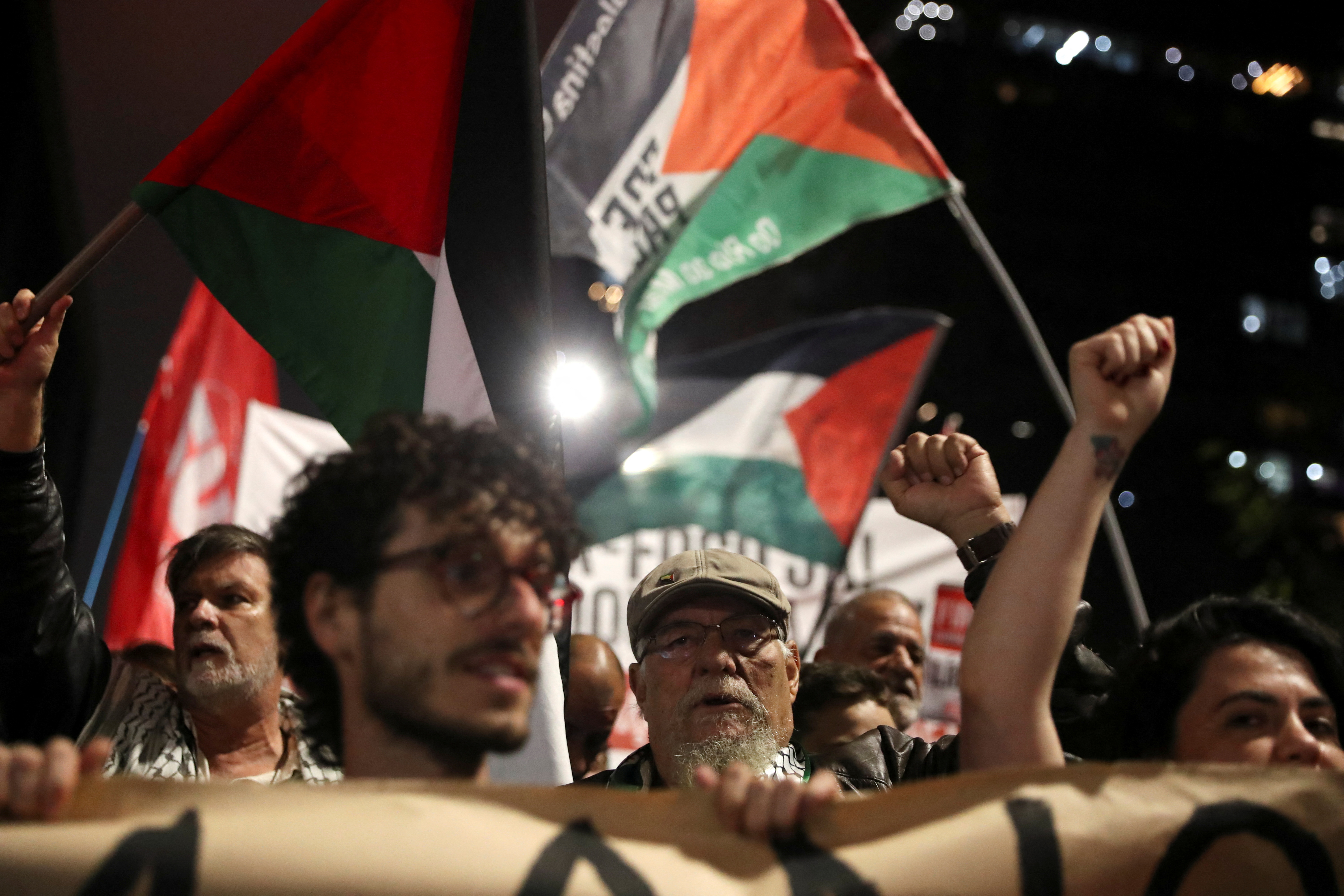 Demonstrators attend a Pro-Palestinian protest in Sao Paulo
