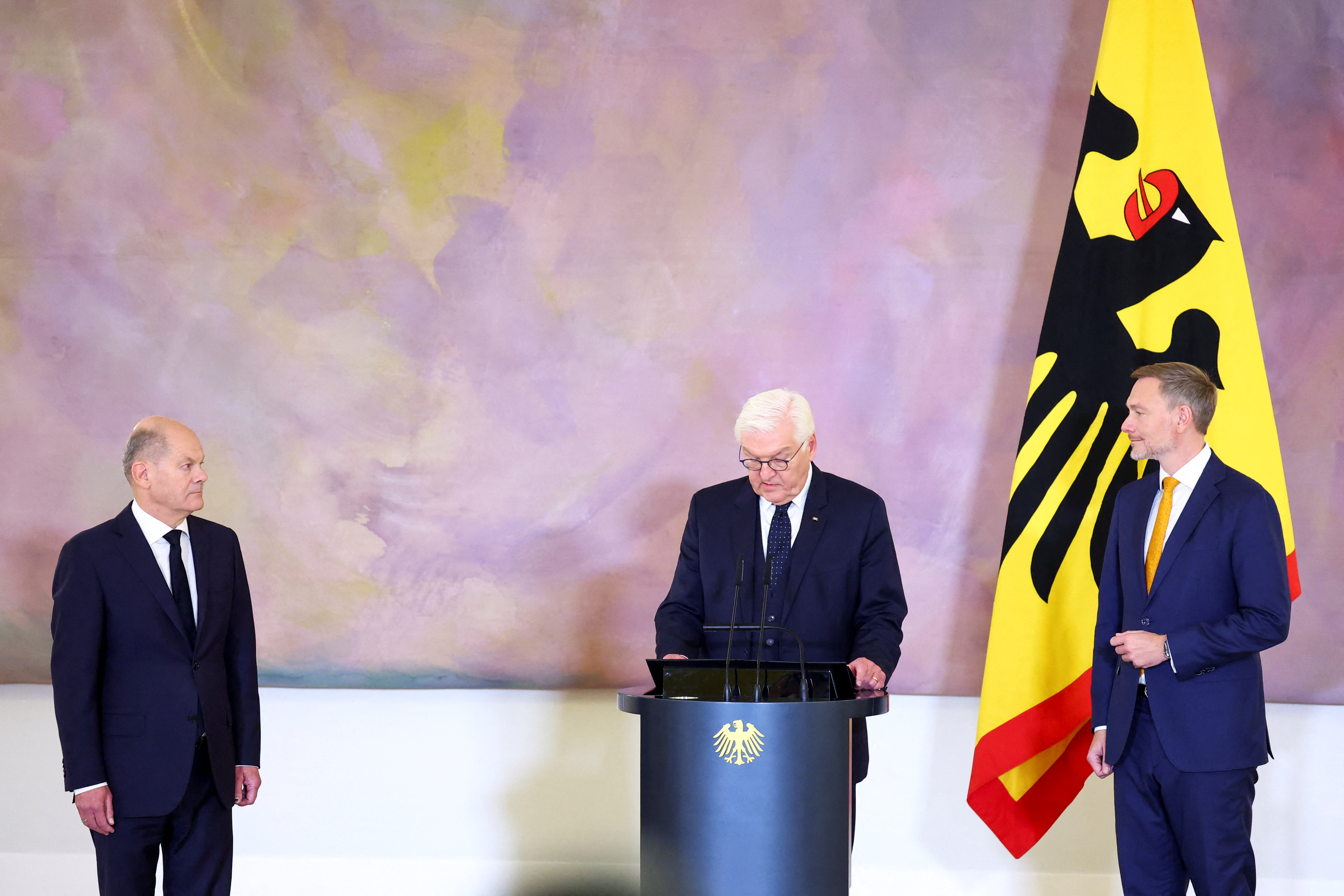 German President Steinmeier hands over dismissal papers to the outgoing German Finance Minister Lindner in Berlin