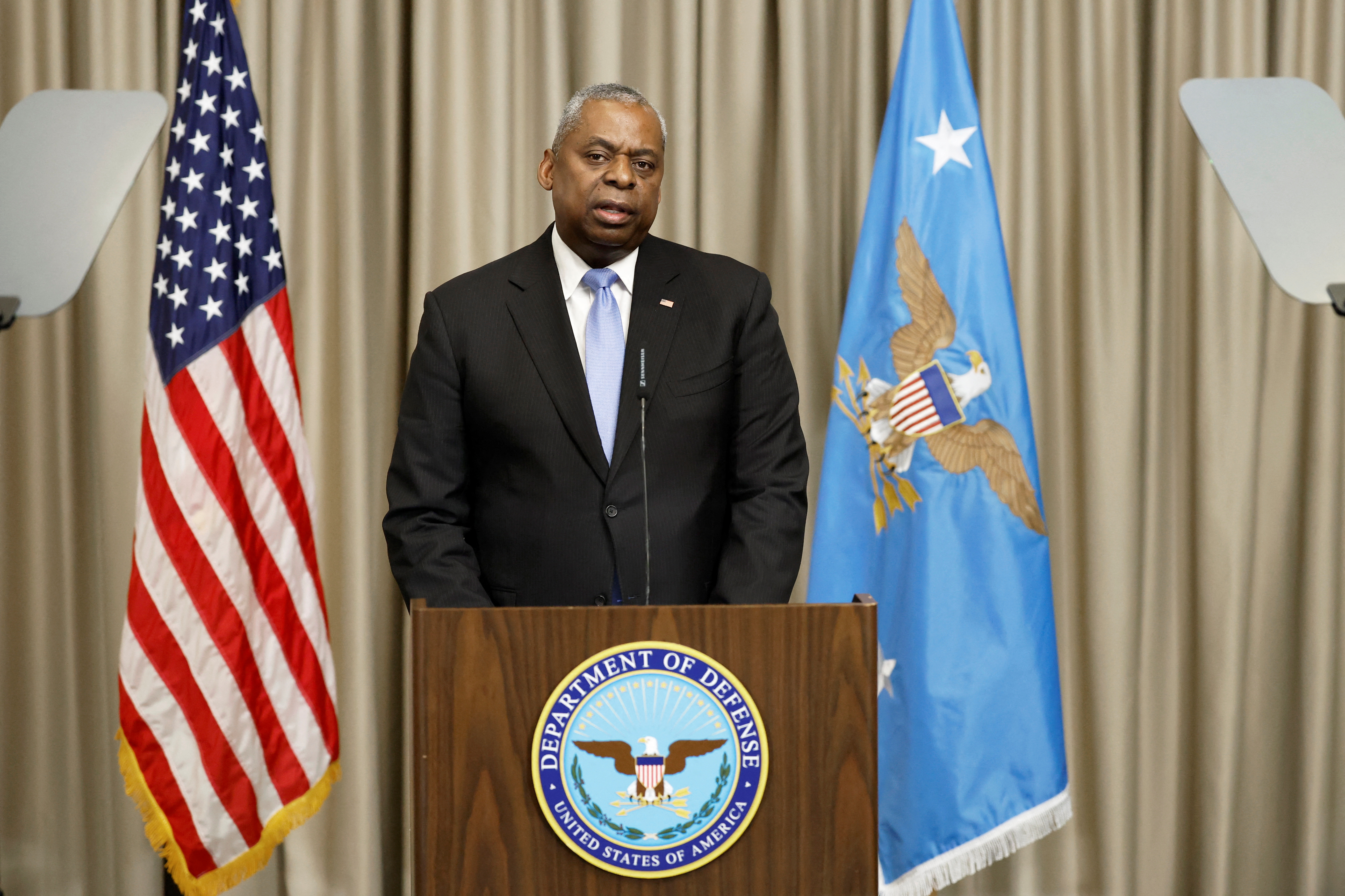 U.S. Defense Secretary Austin attends a press conference at Ramstein Air Base